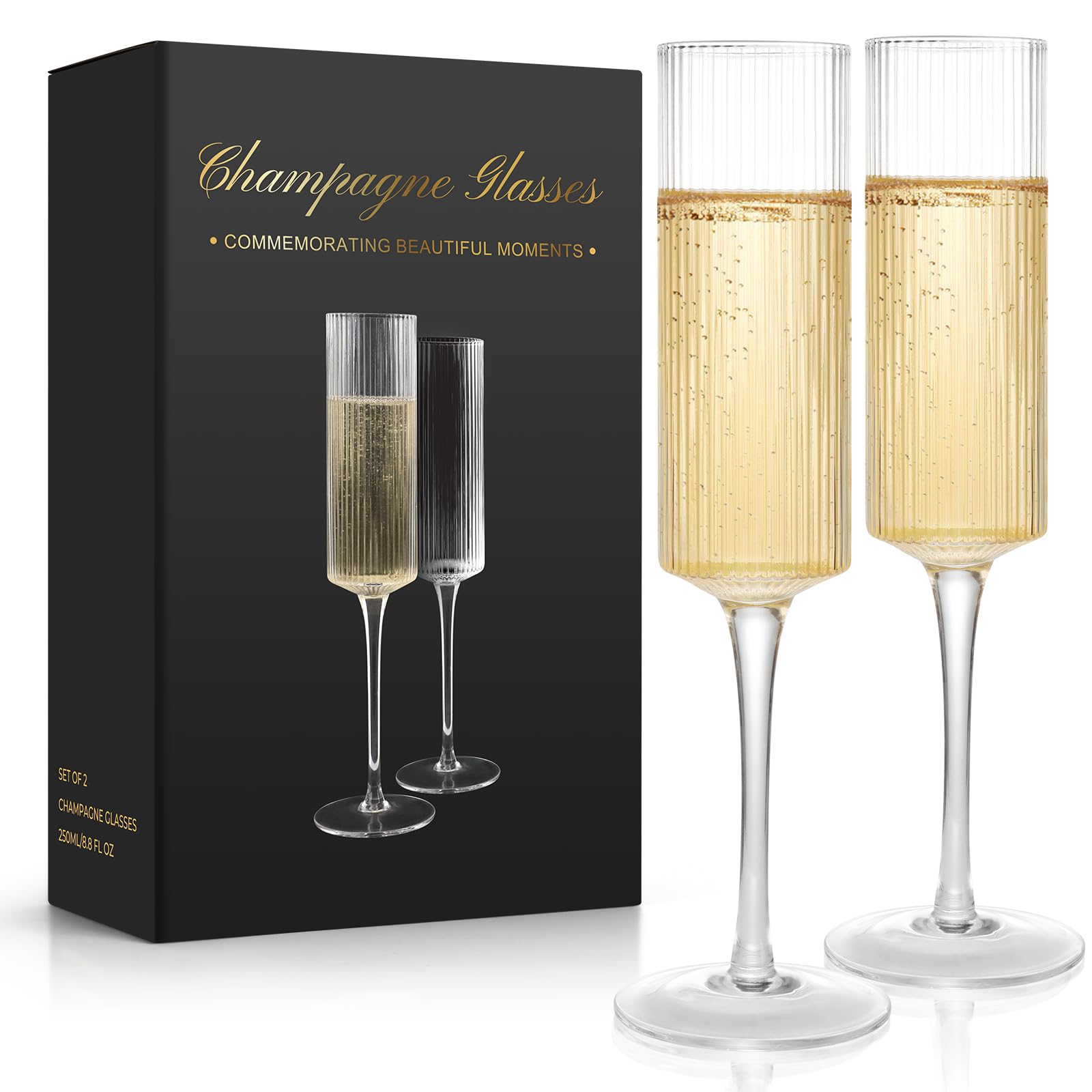Qulable Champagne Flutes Set of 2, Elegant Champagne Glasses for Champagne Prosecco, Wedding Gift