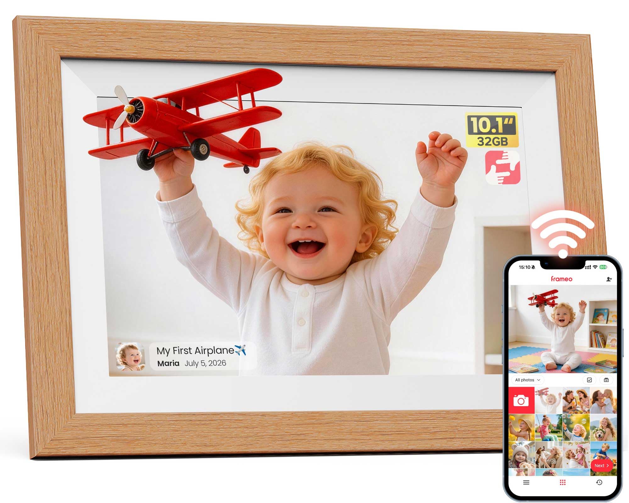 Frameo - Cornice digitale WiFi da 10,1", 1280 x 800 HD, IPS, touch screen, elettronica, memoria da 32 GB, rotazione automatica, montaggio a parete, cornice digitale per condividere foto e video
