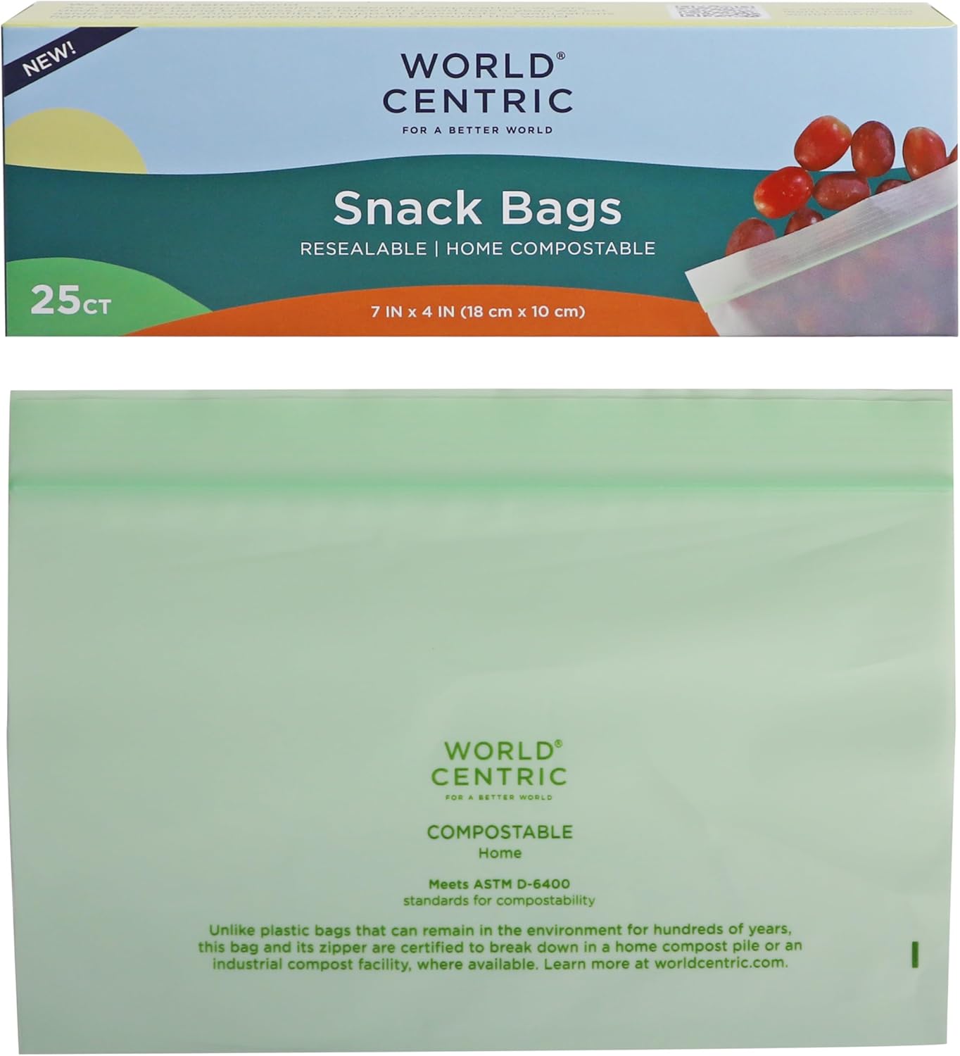 World Centric Compostable Resealable Snack Bags, 7″ x 4″ (Pack of 25), Made from Plants and Minerals, Sustainable, Heat Resistant, Perfect for Lunches & Snacks, PFAS Free