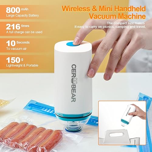 Miniatura 3 de Sellador al vacío de mano, sellador al vacío portátil para alimentos, kit de sellado de alimentos al vacío con 10 bolsas reutilizables Sous Vide