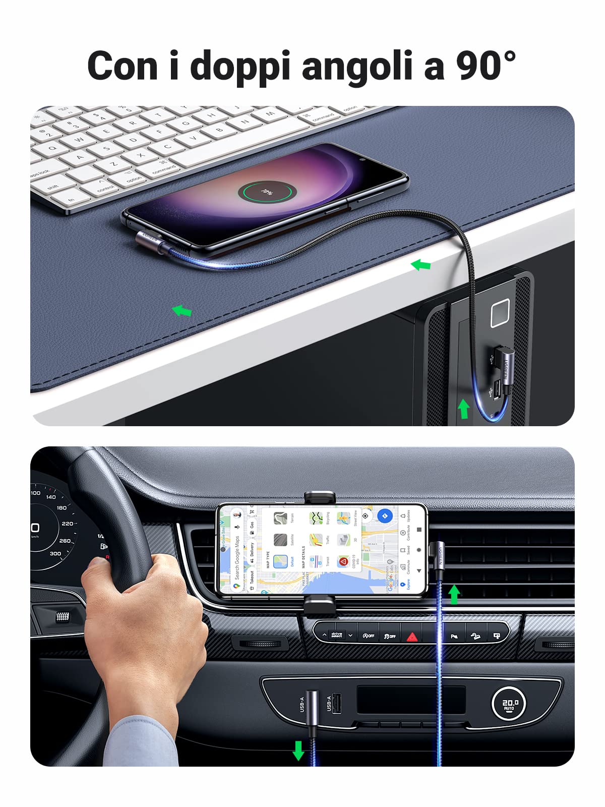 UGREEN Cavo USB C a A 90 Gradi, Cable Type C Ricarica Rapida 3A Compatibile con iPhone 16/15 Plus Pro Max, Galaxy S24/S23/S22, Pixel 9/8, PS5, Drone, ecc. 0,5m