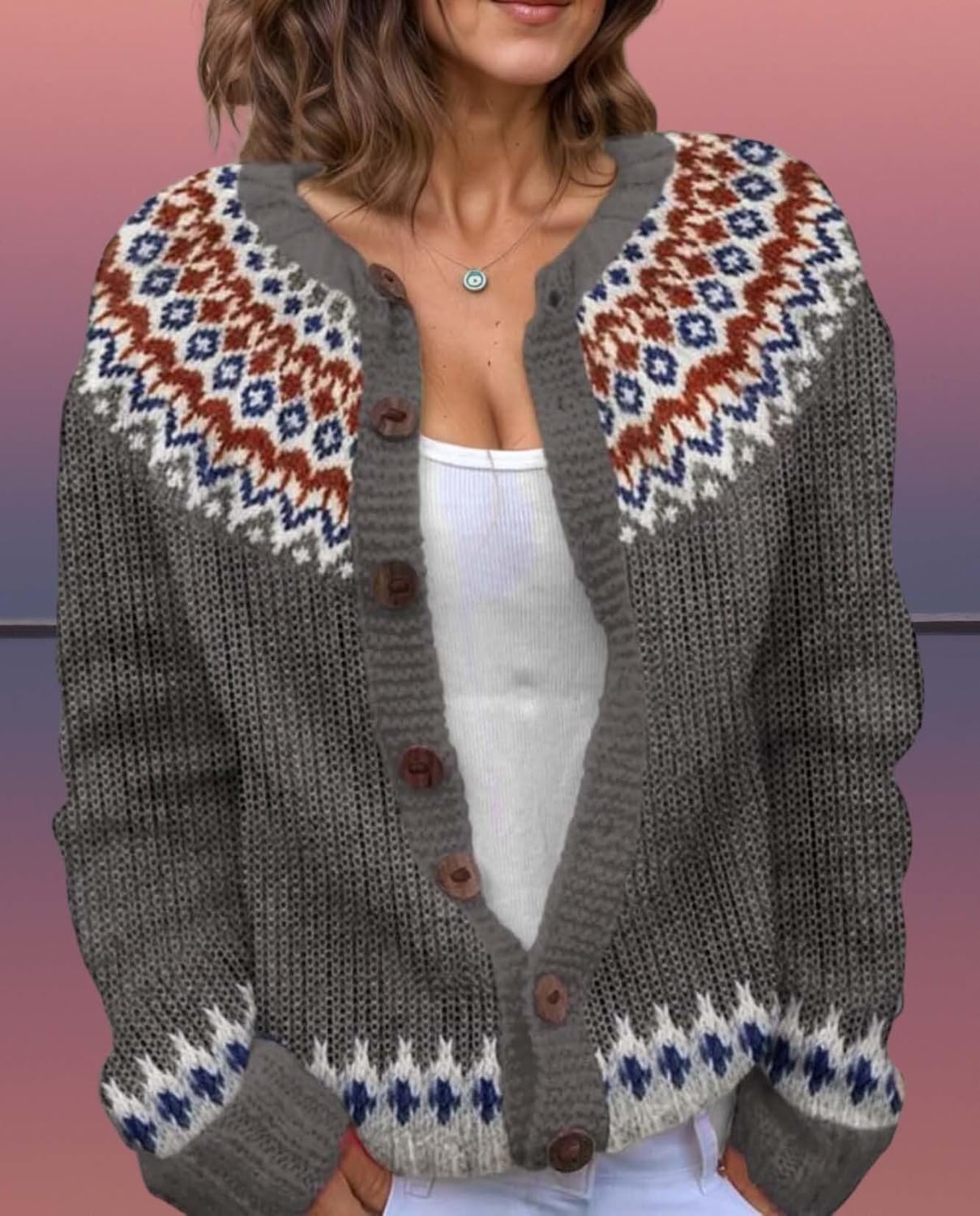 Women's Fair Isle Pattern Knit Cardigan Sweater Vintage Button Down Open Front Jack... - Image 3