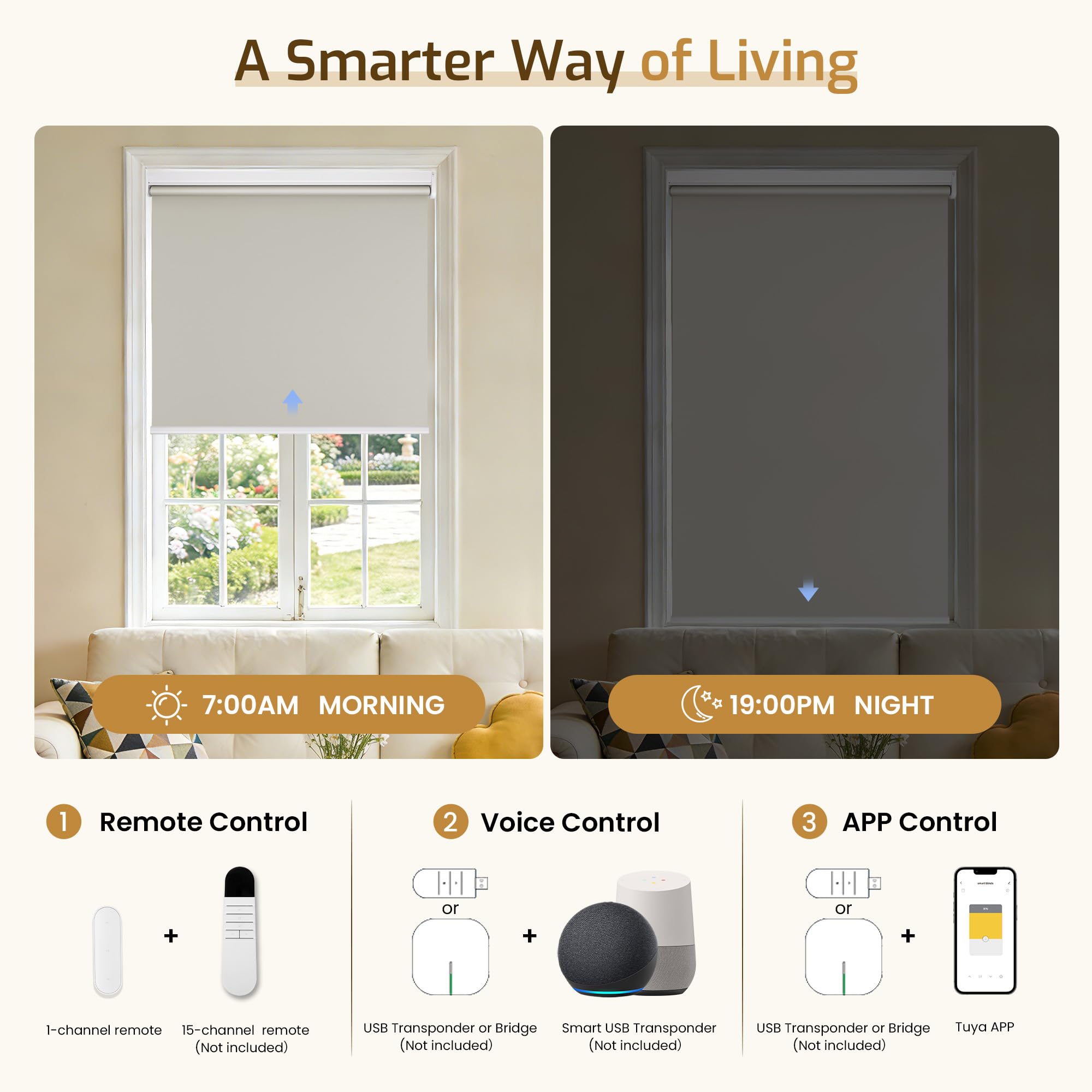 Grandekor Motorized Blinds with Remote Control, Blackout Roller Shade Electric Shades Cordless Smart Blinds for Bedroom Living Room Office,Beige,W39xH72