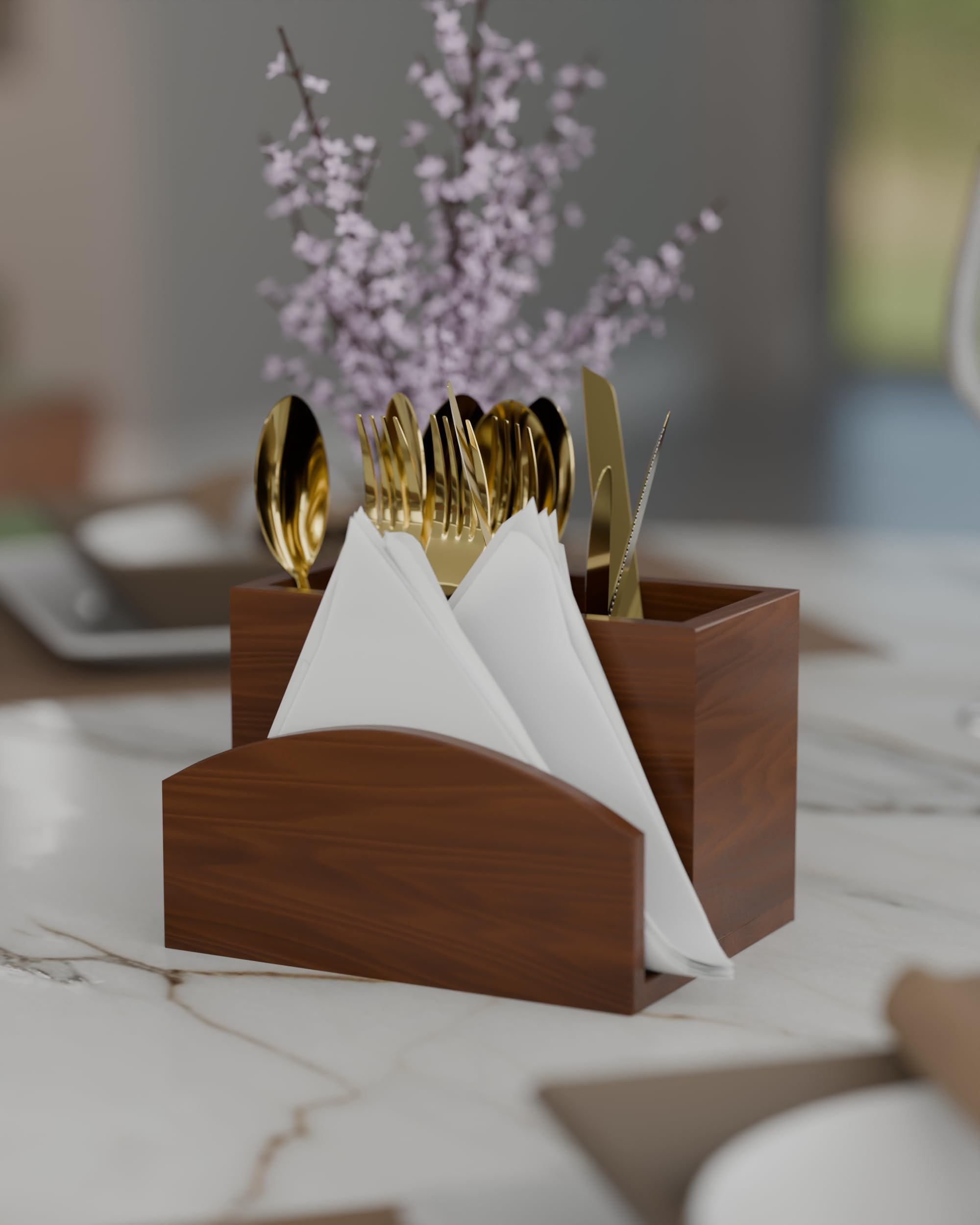 Blink & Buy® Sheesham Cutlery Holder | Utensils Holder Natural Finished | Handcrafted Cutlery Case 5 Partitions | 8 Inches | Knife and Spoon Stand for Dining Table | Tissue holder. (3 Partition) 4
