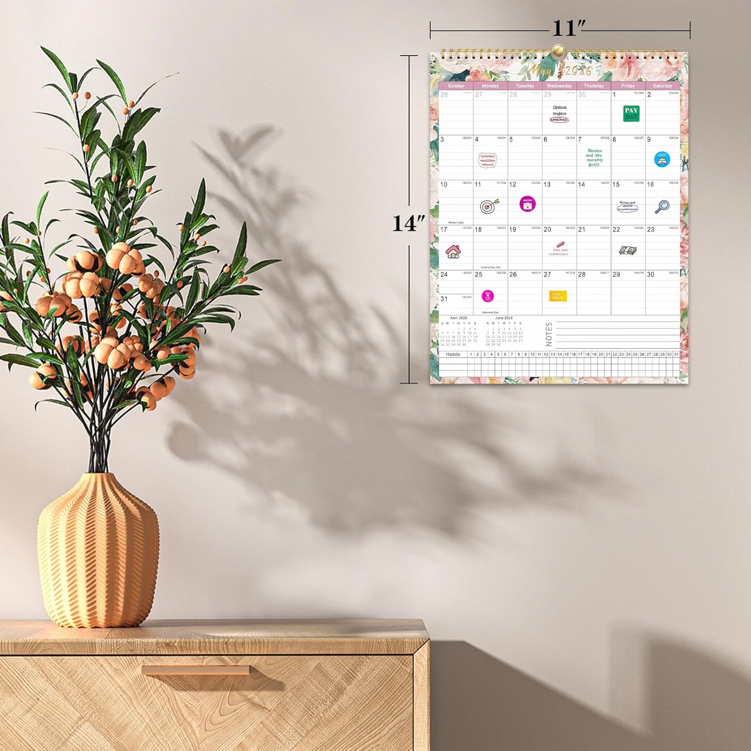 Gannyfer Wall Calendar 2025-2026, 14" x 11", 18 Month Floral Calendar 2025-2026 from July 2025 - December 2026, Magnetic Fridge Wall Calendar Perfect for Home School Office, teacher supplies (3 Stickers Included) image 2 of 8 B0F5W1JD4L