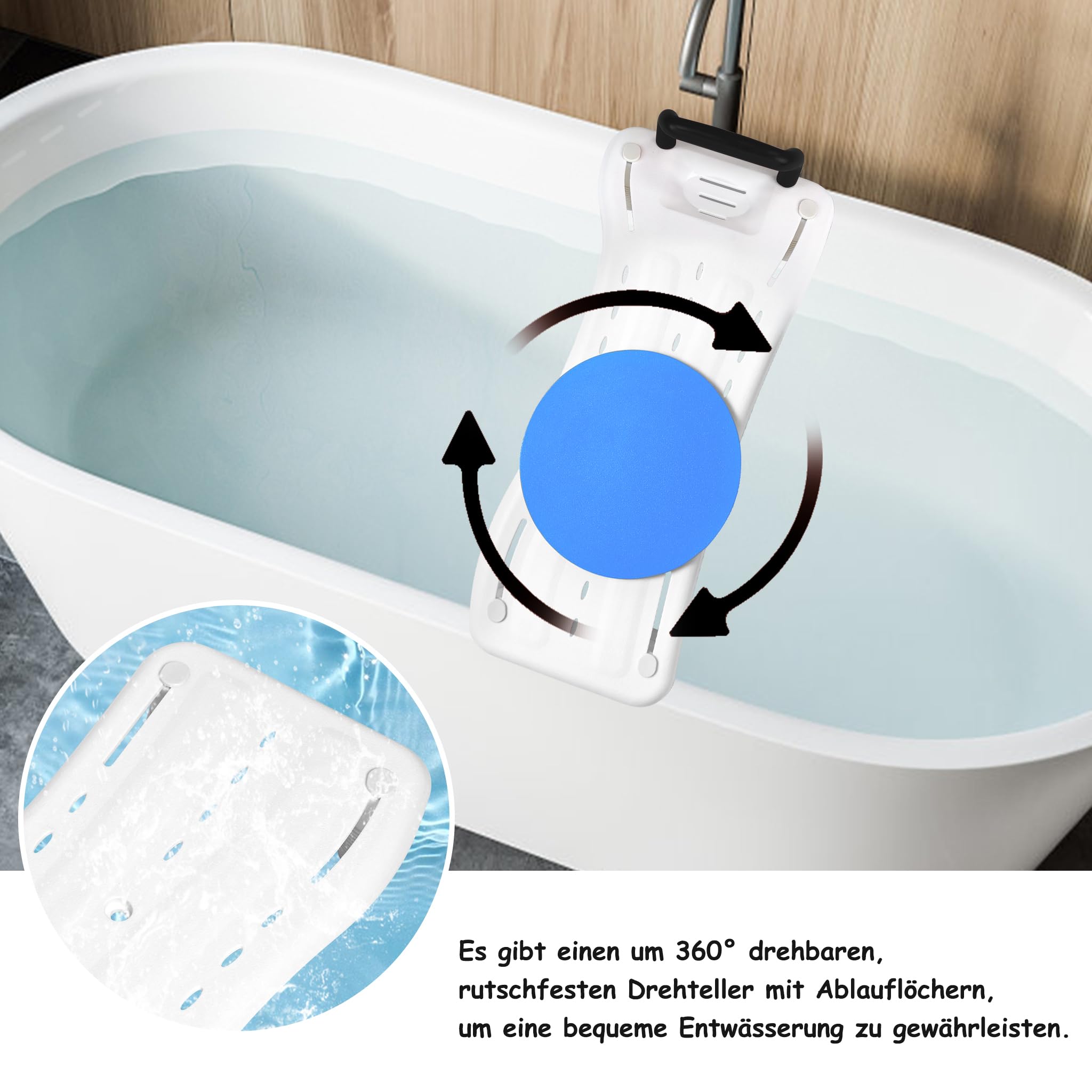 Aufun Badewannenbrett ca.75cm lang, Badewannensitz Erwachsene Senioren Wannensitz Sitzbrett mit Seifenablage, Drehscheibe und Griff, Stuhl für Badezimmer (Schwarz Haltegriff)