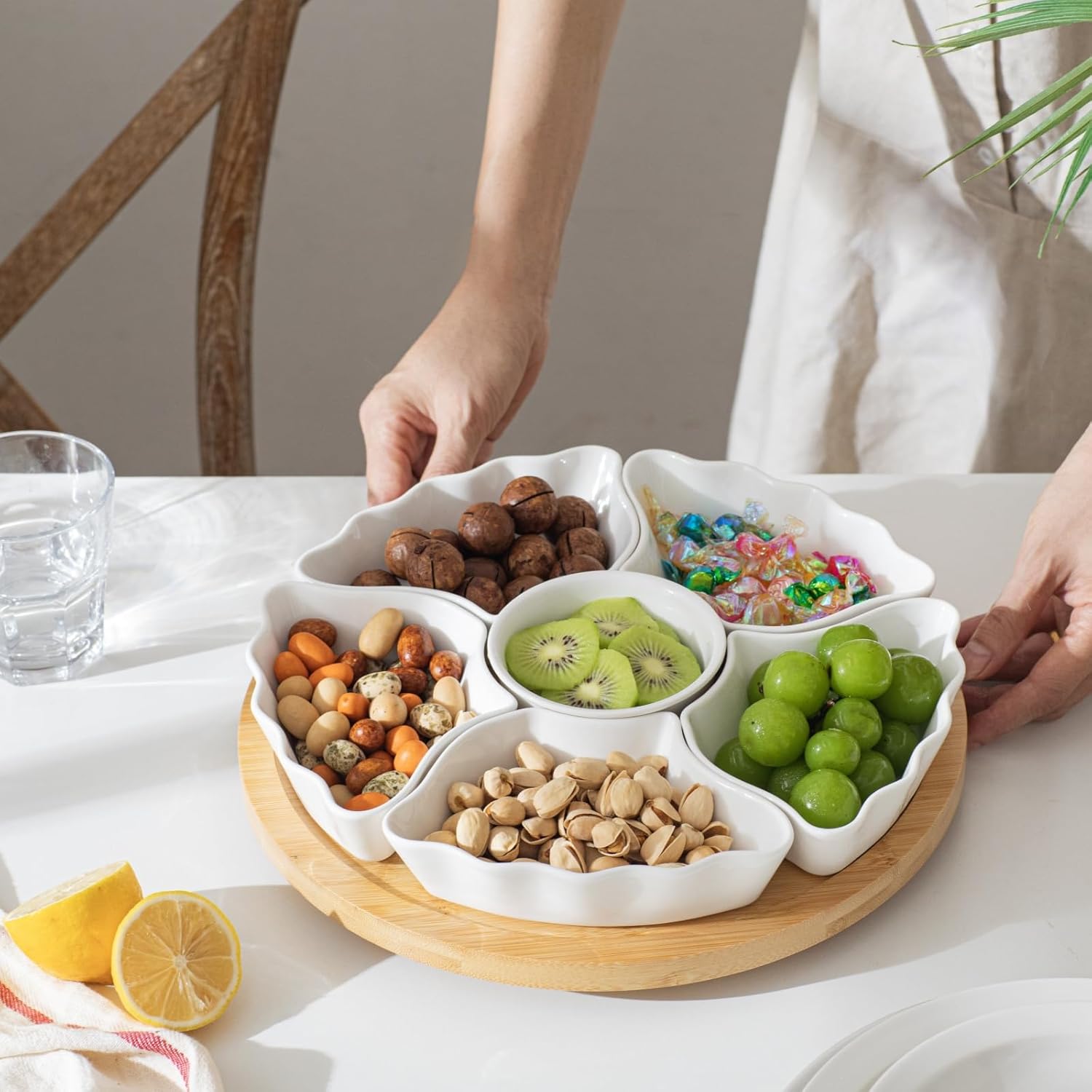 Rotatable Lazy Susan Party Serving Tray, 12 Inch Ceramic Divided Serving Bowls with Silent Rotating Tray, Removable Sectional Dish with Bamboo Platter for Fruit Veggies, Chips, Snacks, Candy, Nuts