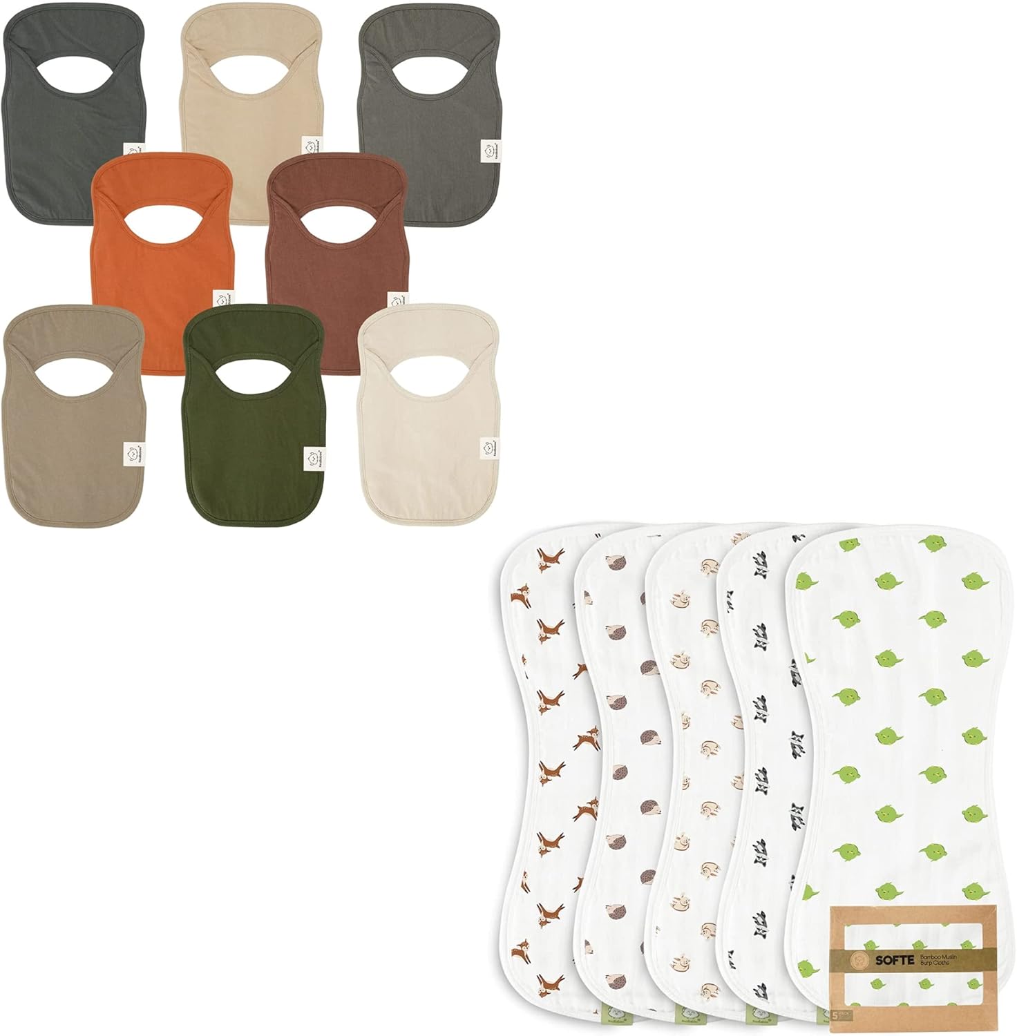 KeaBabies 8-Pack Baby Bibs for Boys, Girls and 5-Pack Muslin Baby Burp Cloths - Pull-on Bibs for Baby Girl, Baby Boy - Bamboo Viscose Cotton Burp Cloth - Baby Girl Bib