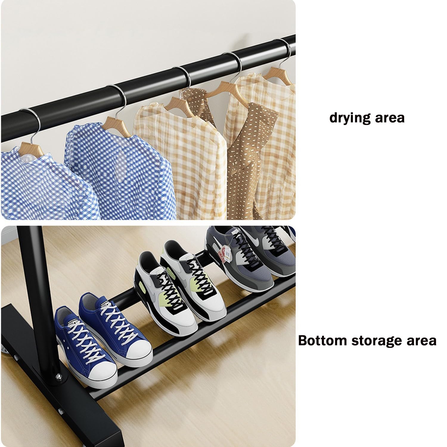 Schwerlast-Kleiderständer mit Rollen, 2 Ebenen, Metall, Kleiderständer und Schuhregal, ideal für Schlafzimmer, Wohnzimmer, Balkon, 150 cm, platzsparendes Design