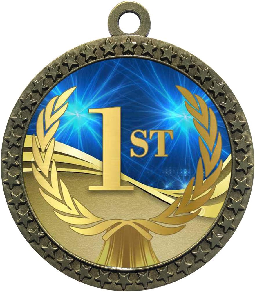 Large 2-1/2 inch Diameter Metal Antique Gold 1st Place Star Award Trophy Champion Winner Medals with Red White and Blue Neck Ribbons (Pack of 10)