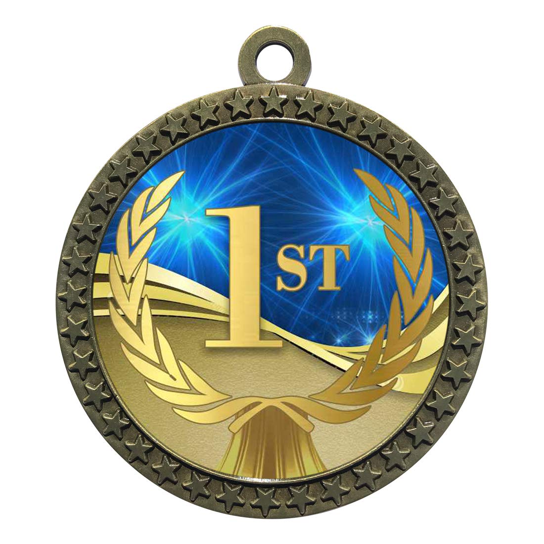 Large 2-1/2 inch Diameter Metal Antique Gold 1st Place Star Award Trophy Champion Winner Medals with Red White and Blue Neck Ribbons (Pack of 10)
