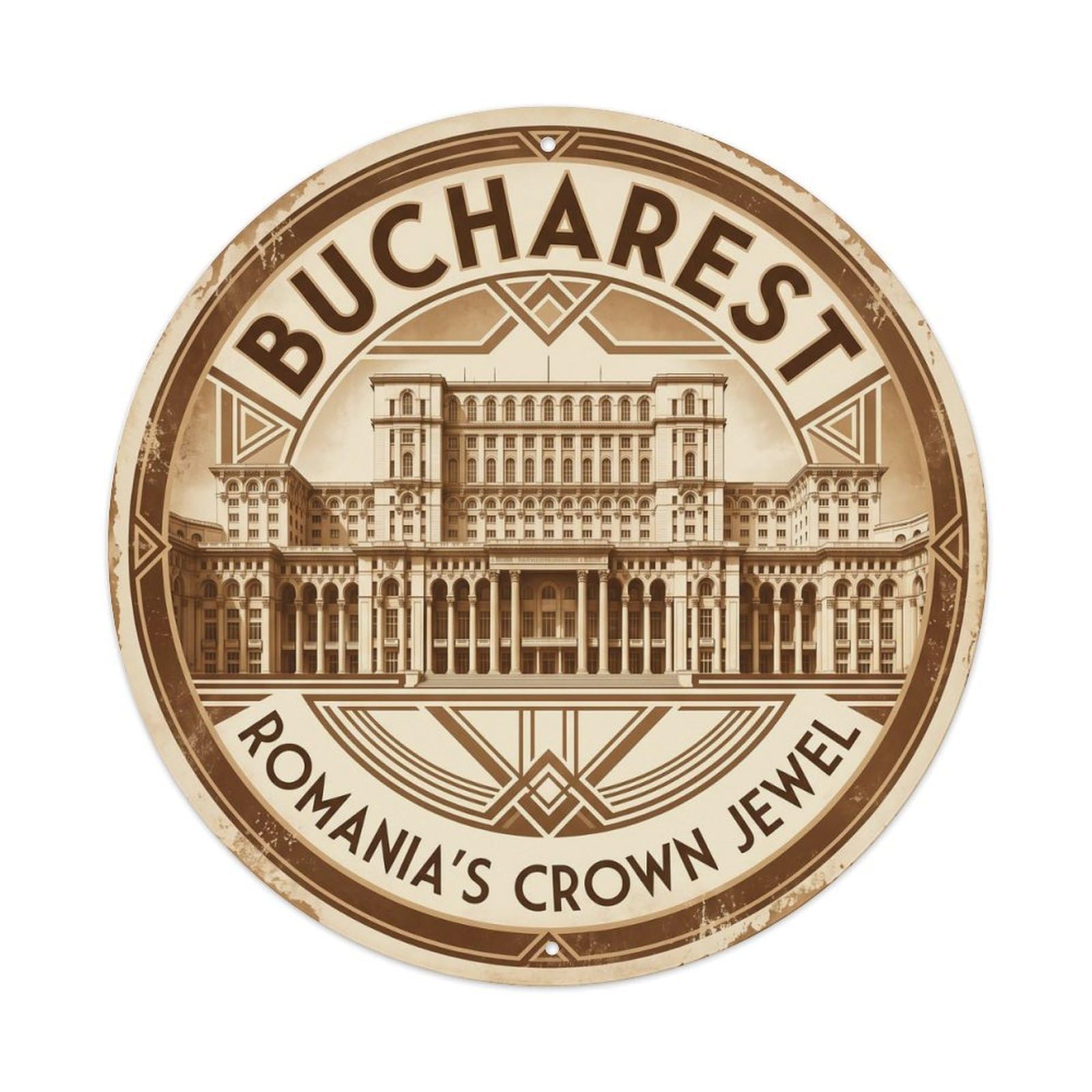 Vintage Travel Parliament Bucharest Romania Metal Tin Sign Plaque Wall Decor for Cafe, Club Bar, Office, Home Garden Round Metal Poster 8x8Inch