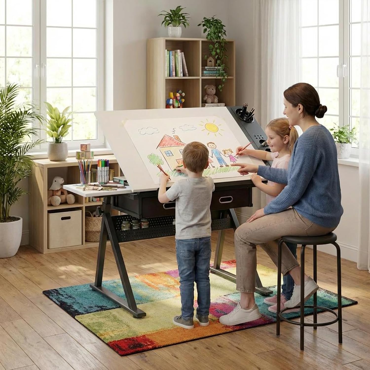 XEW Adjustable Drafting Table Desk with Storage – Multi-Functional Art Desk for Adults, Drawing & Painting Table, Artist Desk & Drafting Table with Drawers, Art Table with Storage, White & Black