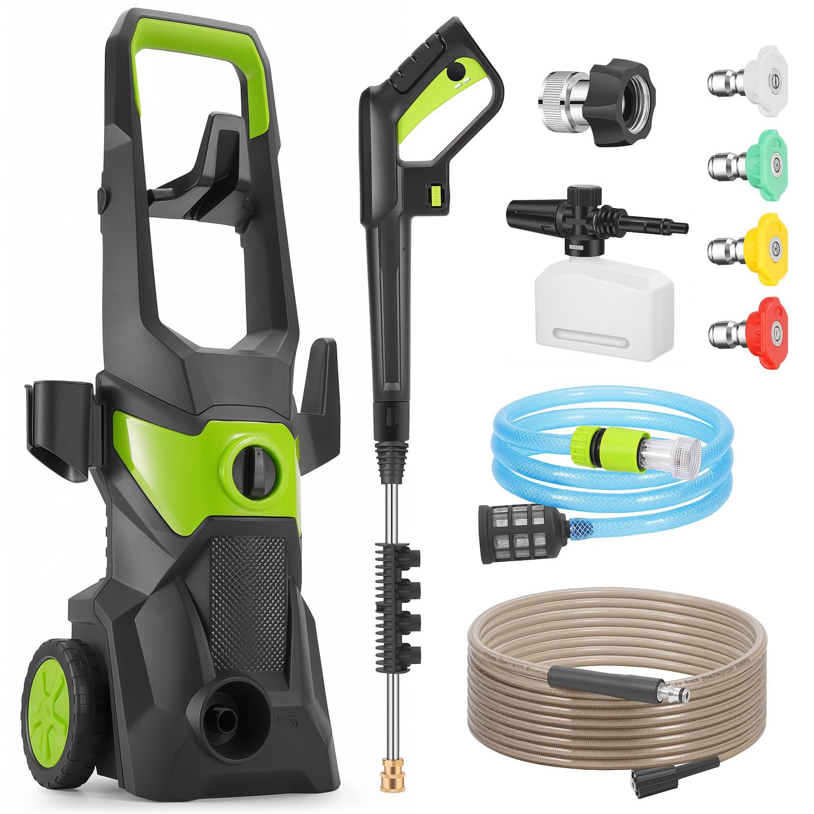 Myjka Ciśnieniowa Myjka Strumieniowa, 3000 W/ 150 Barów/ 540 L/H, Z Wężem Ciśnieniowym 33 Stopy, 4 Różne Dysze Ciśnieniowe, Butelka Piankowa 450 Ml Green