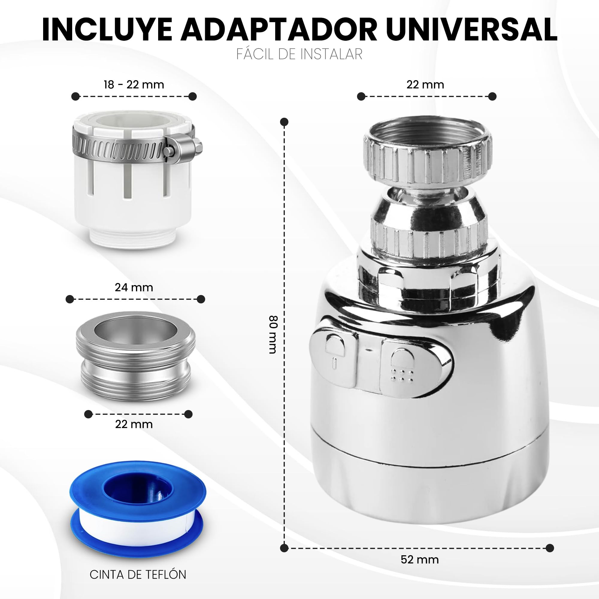 CARBOU Aireador para grifo cocina 360º. Accesorio, adaptador grifo, difusor giratorio.2 modos ajustables de funcionamiento. Material ABS.