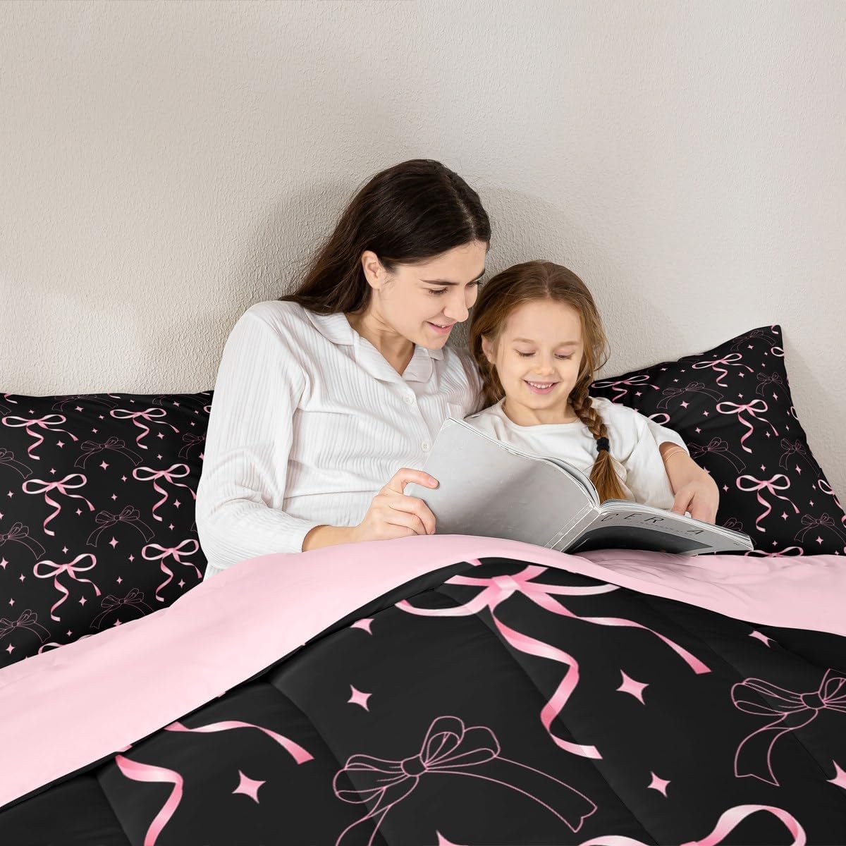 Erosebridal Pink Bowknot Comforter Set Twin Size Black Bow Knot Bedding Set for Kids Girls Boys Bow Tie Butterfly Knot Comforter Coquette Aesthetic Quilt Cartoon Geometric Bedroom Decor