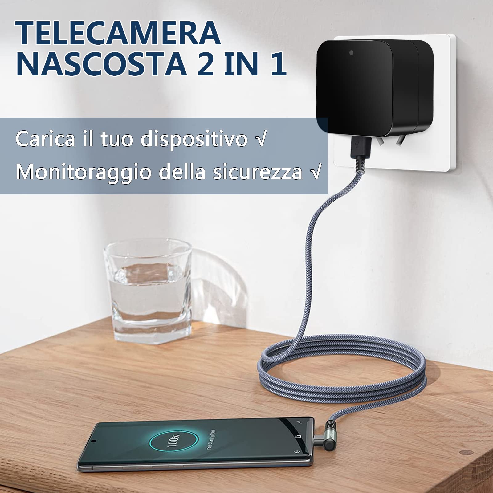 Telecamera Spia Nascosta WiFi 5G, Mini Spy Cam Senza Fili Caricatore USB, 1080P HD Microcamera Spia Telecamera di Sorveglianza Interna con Rilevamento del Movimento Tuya APP