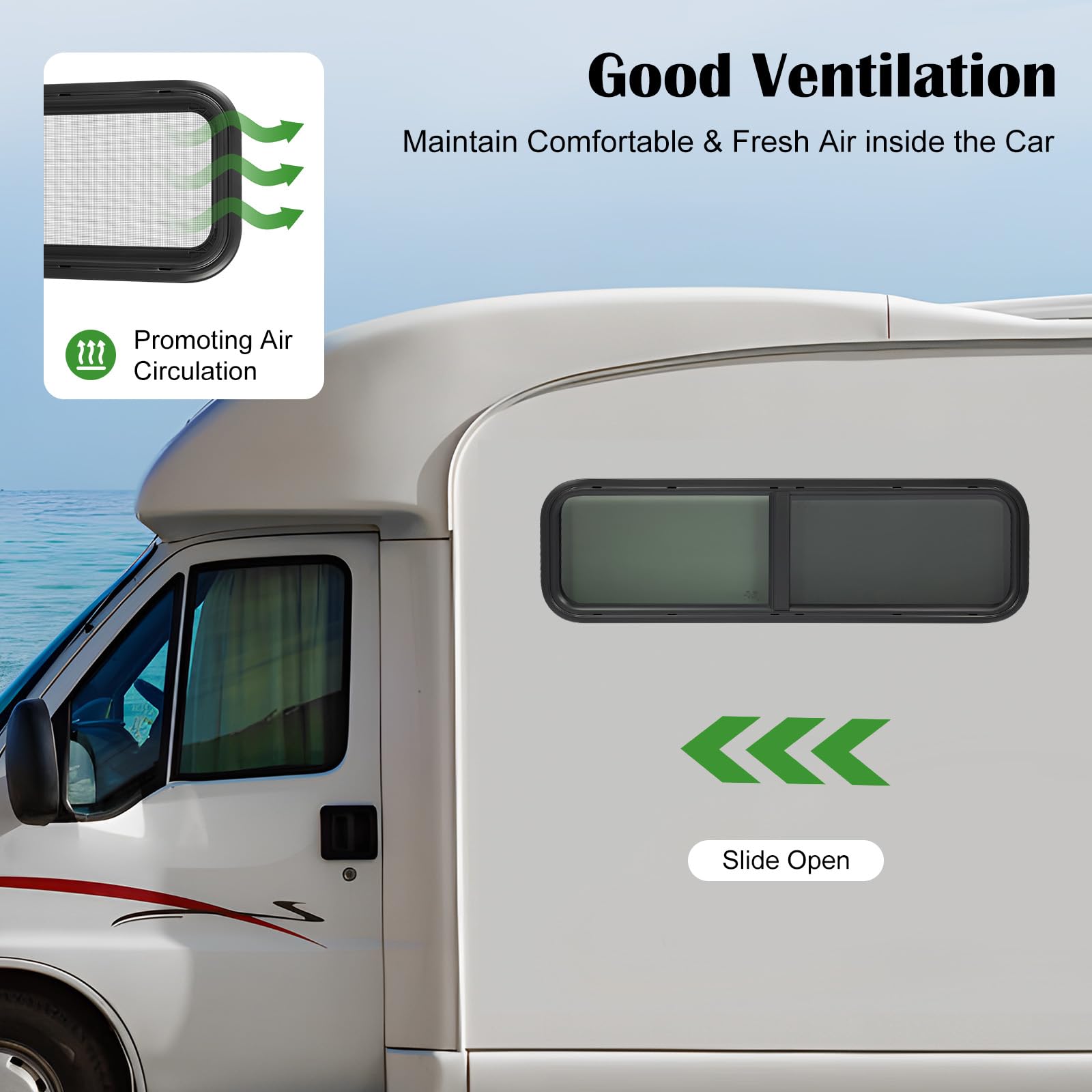 RV-Fenster 35,6 cm B × 30,5 cm H Wohnmobil, horizontales Schiebefenster mit Befestigungsverkleidung, Klemmring und Rahmen, Acrylfenster für Wohnmobil, vertikal, halber Ausgang, Wohnmobil, Anhänger