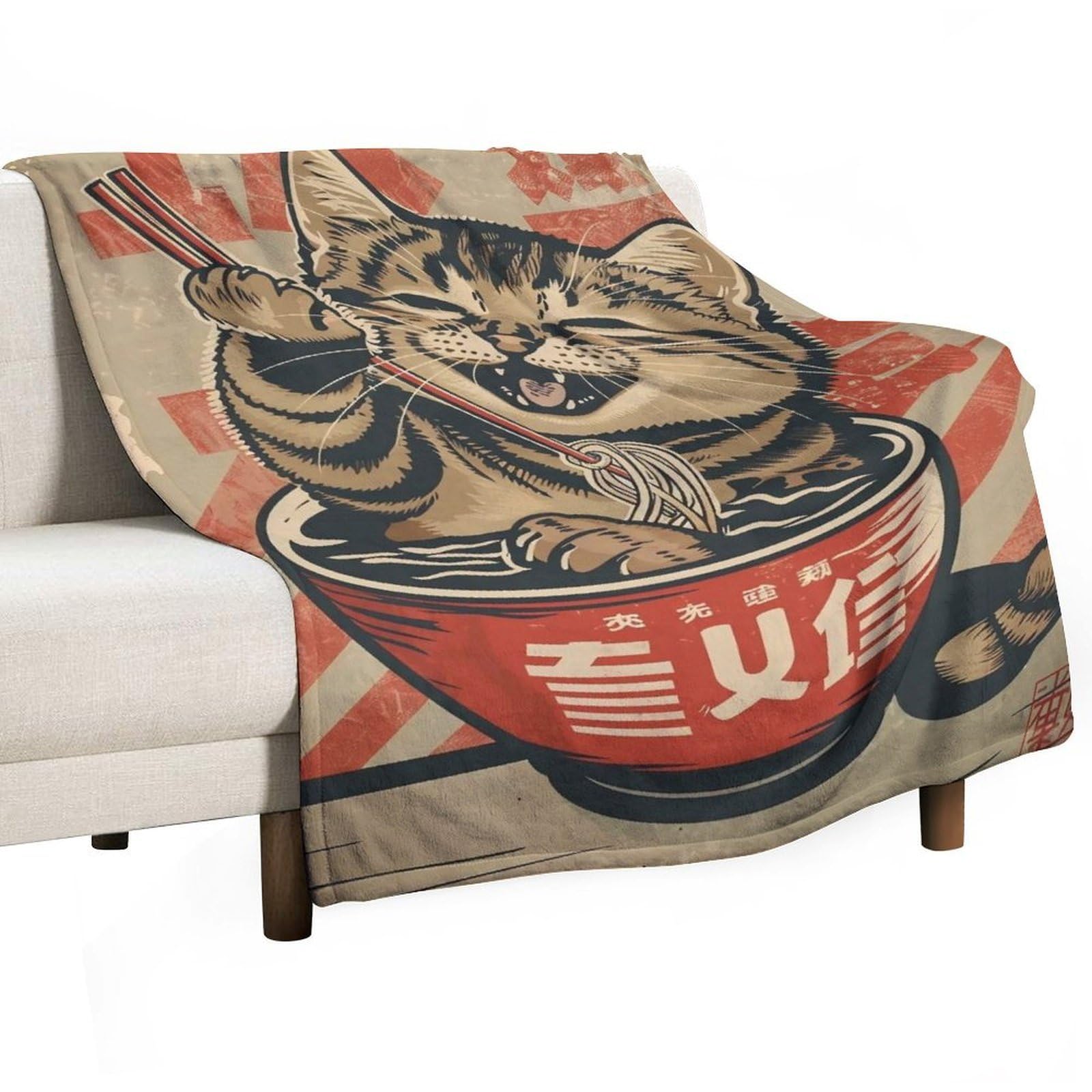 YHGSREUOH Cat-Eating-Ramen_01 Flannel Blankets Fleece Soft Throw Lightweight Plush Gifts for Couch, Bed, Cozy Sofa Plush, Chair, Lovers 130x175cm(50x70in)