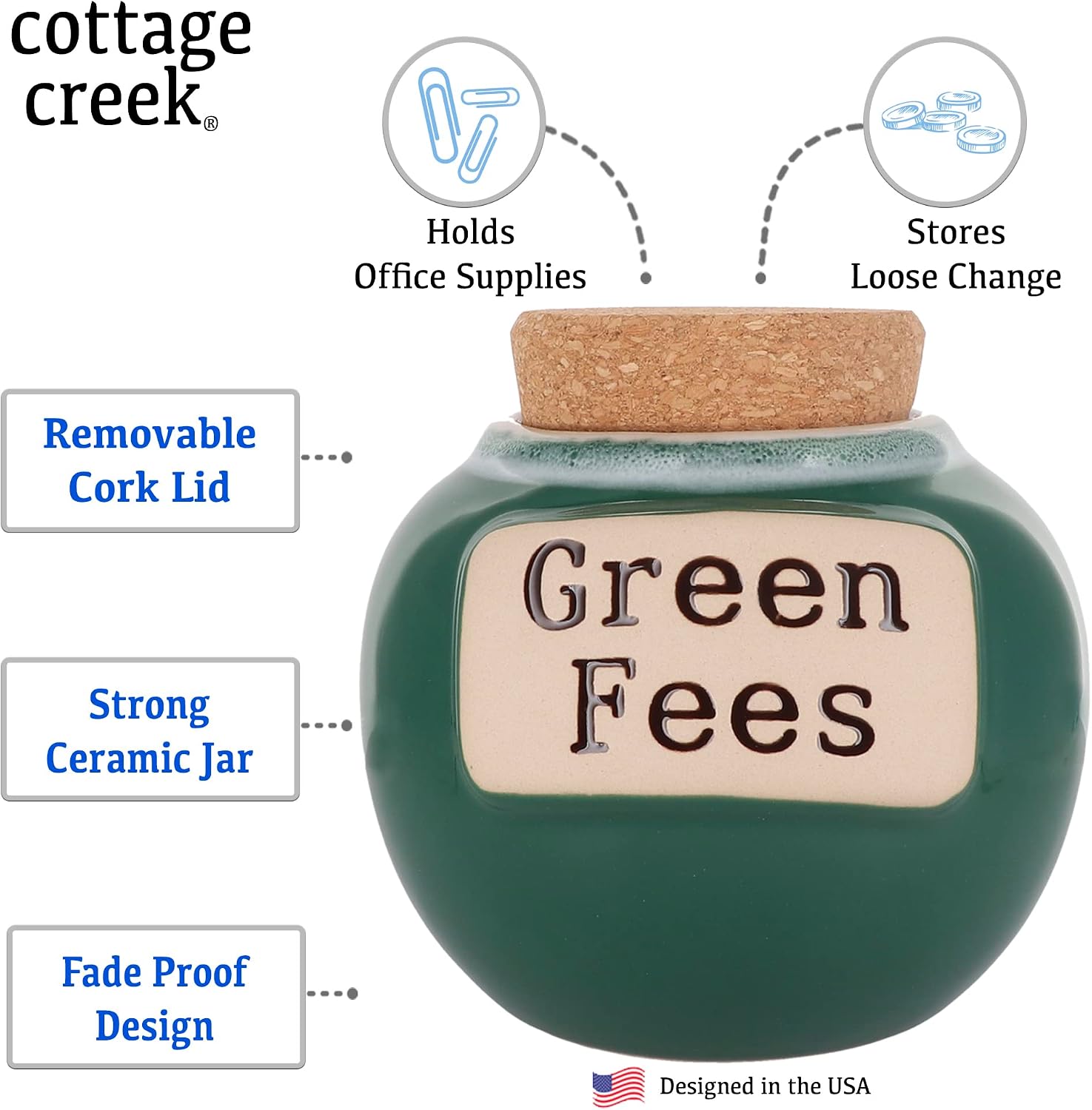 Cottage Creek Greens Fees Ceramic Piggy Bank for Adults - Green Kiln-Fired Money Bank with Cork Lid - 6" Tall Savings Jar for Golfers - Funny Golf Themed Gifts for Men & Women, Dad, & Golf Lovers