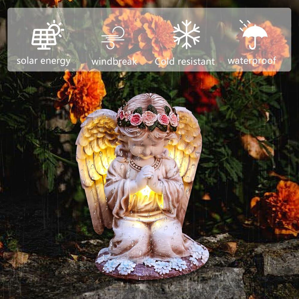 Engel für Grab Wetterfest, Solar Engel Figur, Grabengel Wetterfest mit Led Solarleuchten, wasserdichte Betende Grabengel, Grabschmuck Wetterfest für Friedhof Outdoor Gartendekoration 20,5cm