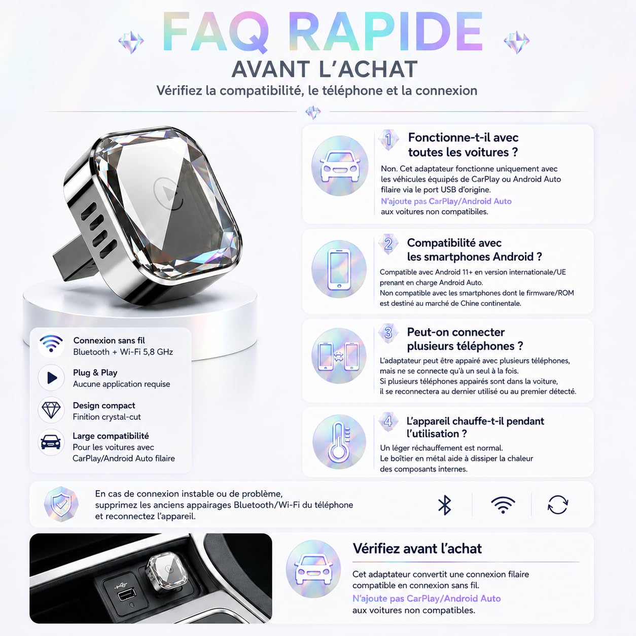 Adaptateur CarPlay sans Fil et Android Auto 2-en-1, Dongle Plug & Play pour Voiture avec WiFi 5.8GHz, pour iPhone et Android, Connexion Rapide, Mise à Jour OTA