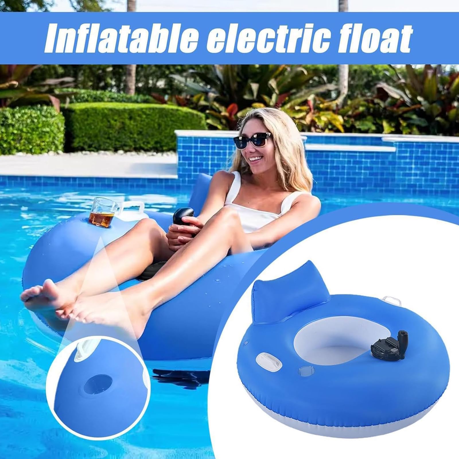 Flotador Motorizado para Adultos, Flotador Hinchable Motorizado para Piscina con Control De Dirección, Cómodo Respaldo Y Portavasos para Relajarse En La Piscina Durante El Verano