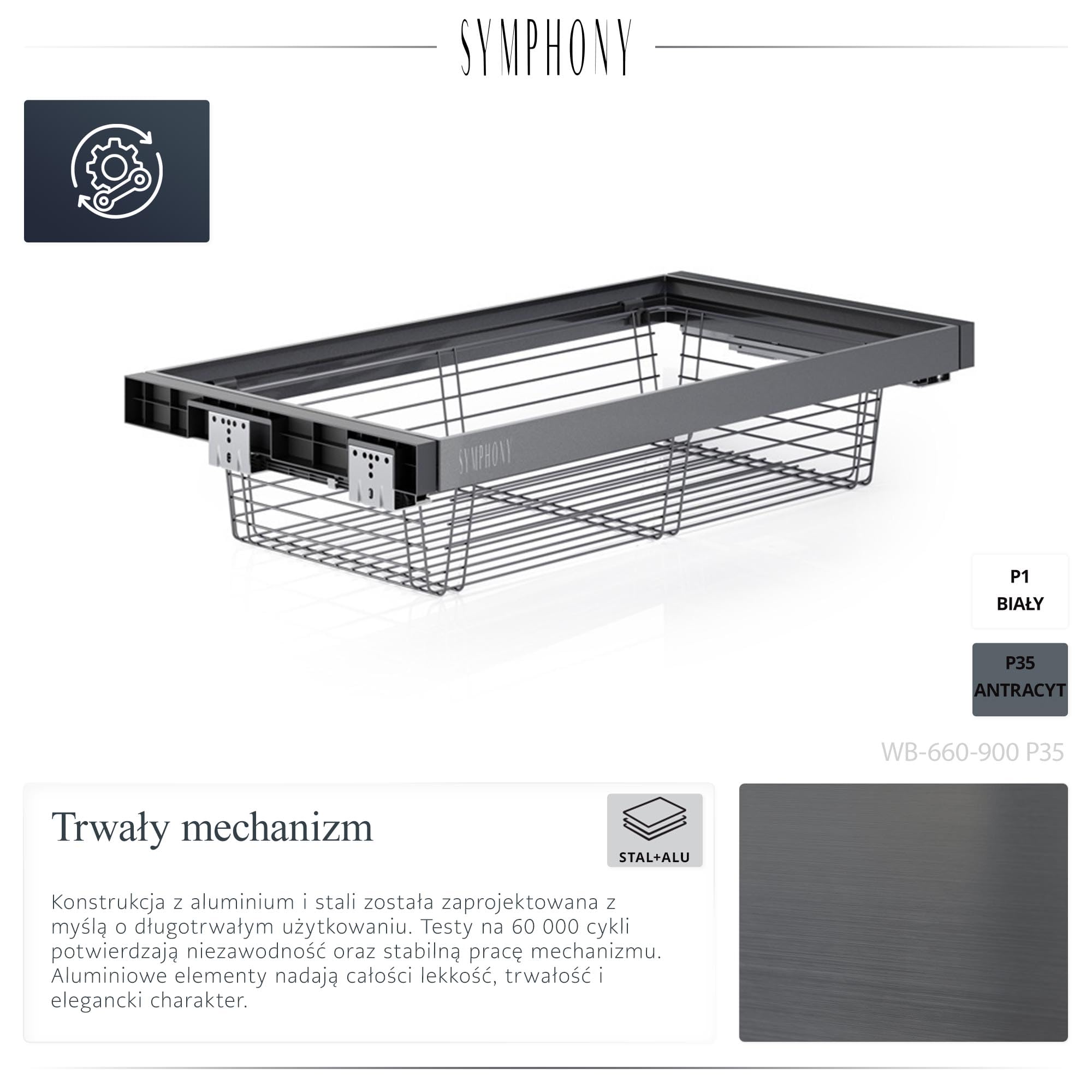 ATM Kosz Druciany Wysuwany do Szafy i Garderoby - Pełny Wysuw z Cichym Domykiem - Udźwig 35 kg - Regulacja Szerokości 864–914 mm - Aluminium + Stal - Antracyt