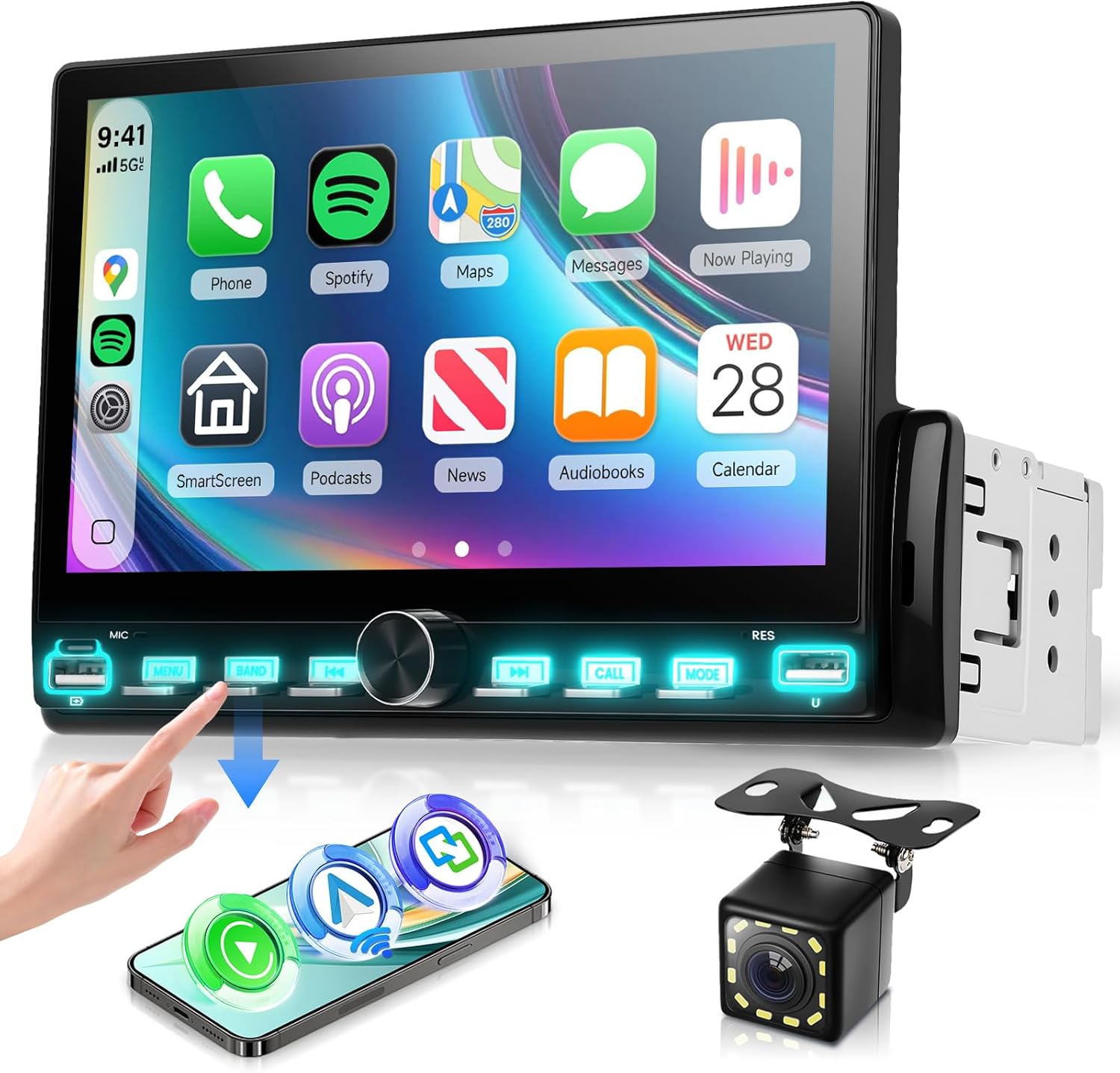 Single Din Touch Screen Car Radio with Wireless Carplay and Android Auto, 7 Inch Single Din Car Stereo with Bluetooth, FM Radio, EQ, Online Video, Mirror Link, USB/Type-C, SWC+ Camera