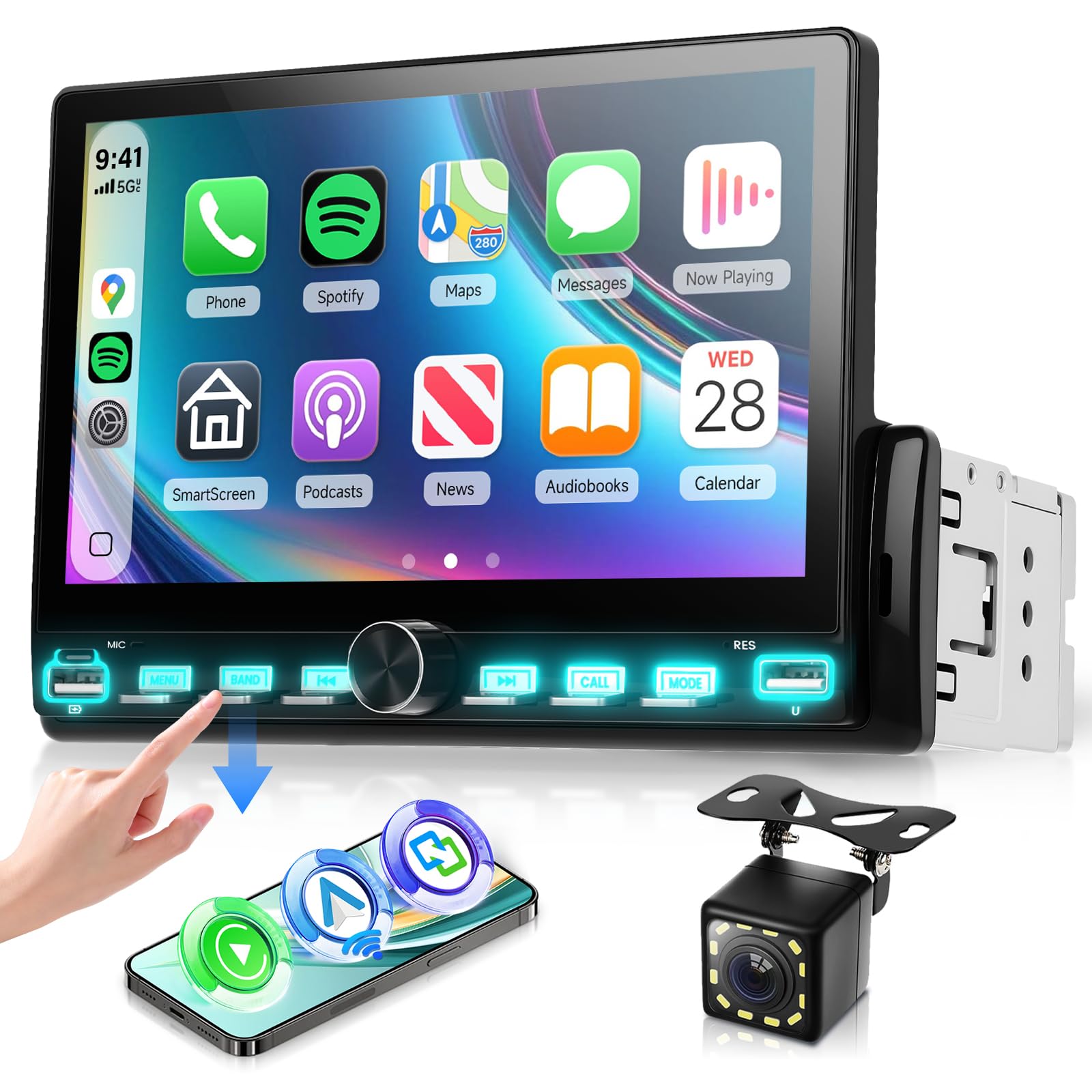 Hodozzy Teclas Piano Radio de Coche 1 DIN con Carplay inalámbrico Android Auto, Reproductor MP5 Pantalla Táctil de 7 Pulgadas con Bluetooth, Radio FM, EQ, Vídeo en Línea, USB/Tipo C, SWC+ Cámara