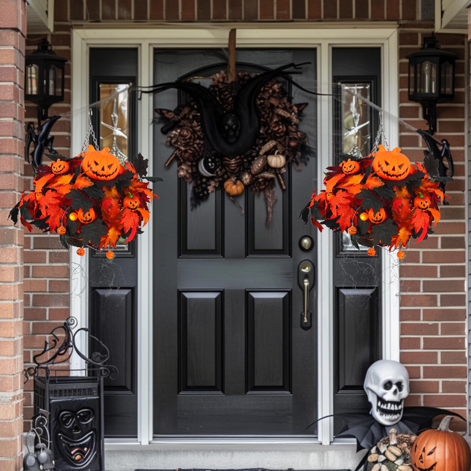 (2) 2PCS Halloween Decorations - 20in Artificial Maple Leaf with Luminous Pumpkin Combination Hanging Flower Basket for Porch Yard Living Room Front Door Indoor Outdoor (Orange) (BID IS PER SET OF 2, LOT IS FOR 2 SETS TOTAL.)