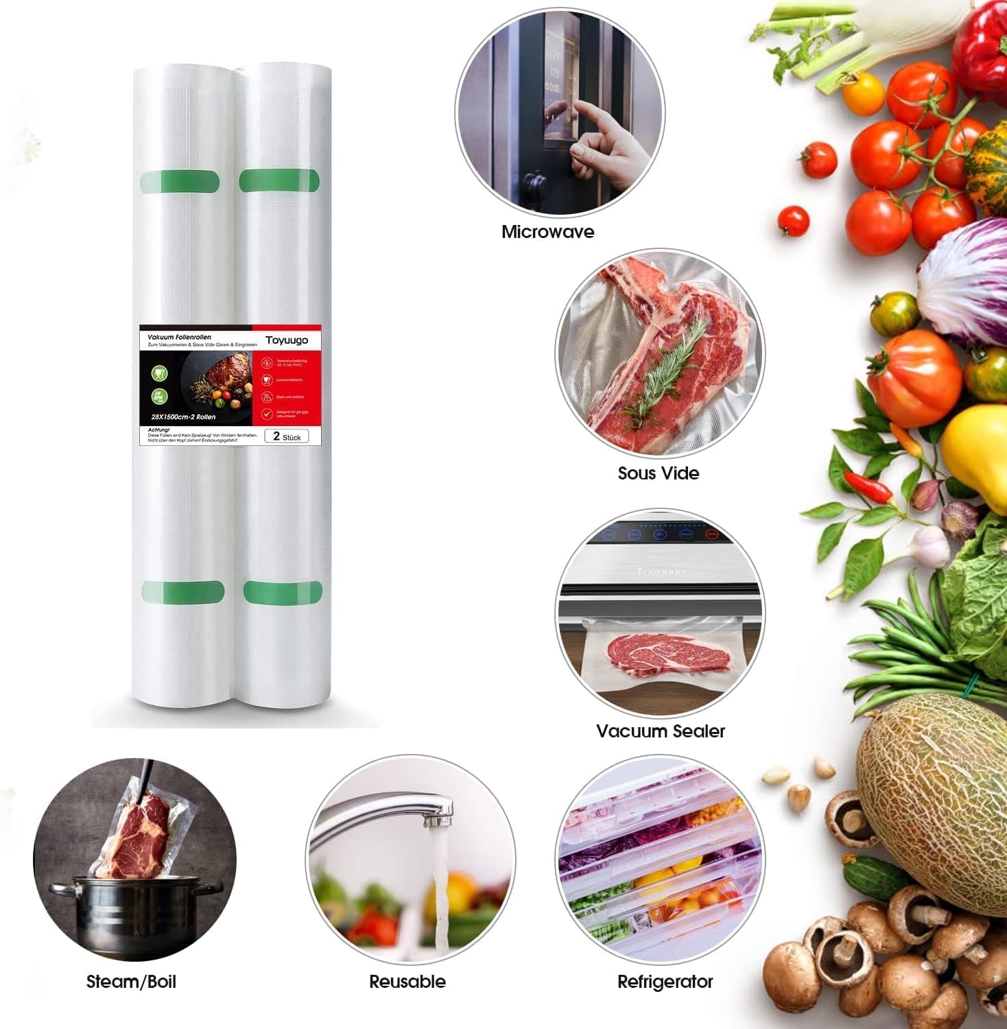 Bolsas selladoras al vacío, 2 rollos de bolsas de sellado al vacío texturizadas de calidad comercial más gruesas para almacenamiento de alimentos, cocinar al vacío al vacío
