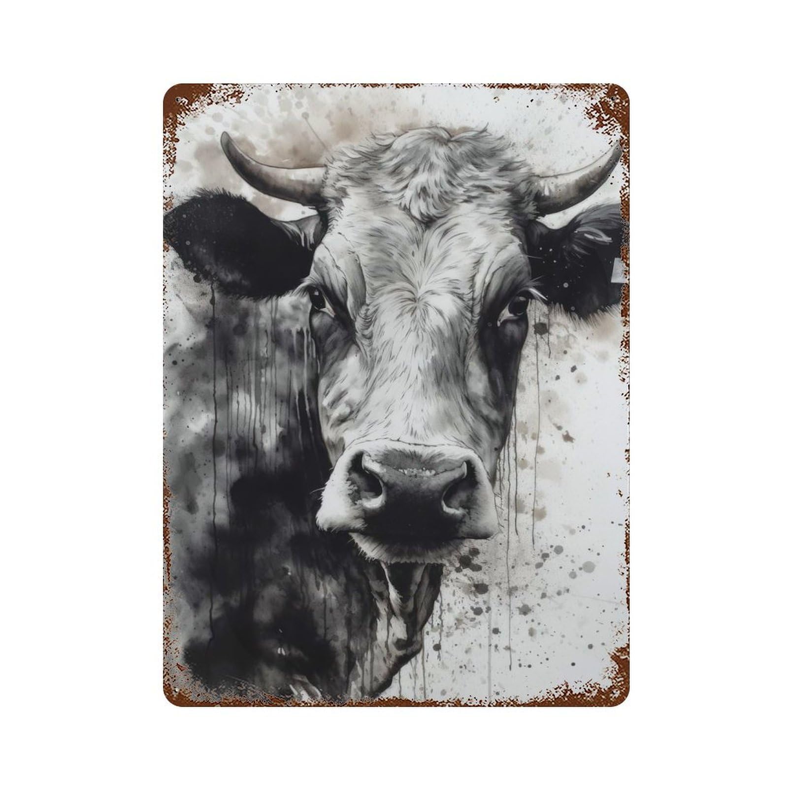 Garage Style Cow Black Ink Watercolor Distressed Metal Wall Sign 15.7"x11.8", Novelty Wall Decor for Bar And Workshop