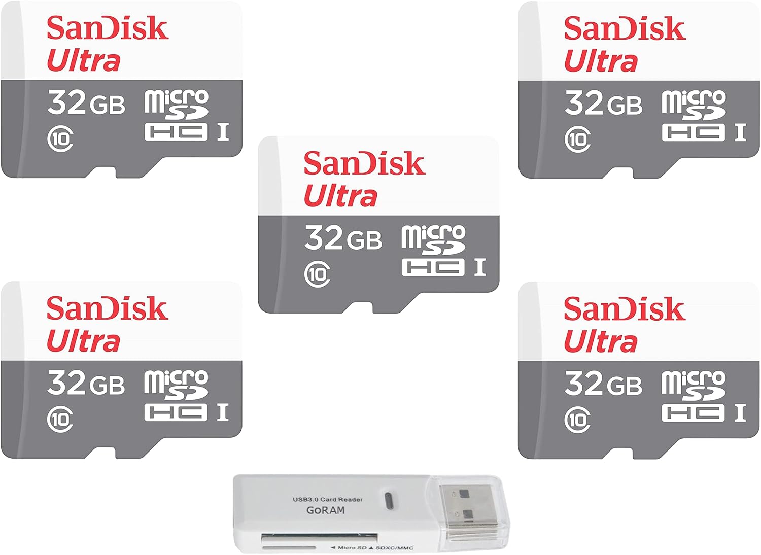 SanDisk 32GB Ultra (5 Pack) MicroSD Class 10 100MB/s A1 Micro SDHC Memory Card for Smart Phones &Tablets SDSQUNR-032G Bundle with (1) GoRAM Reader (32GB, 5 Pack)