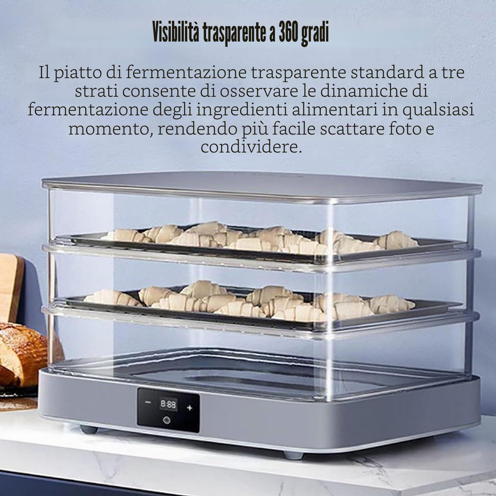 Scatola Di Lievitazione per Panificazione 40L,Scatola Di Fermentazione per Impasto Di Pane E Pizza,Con Vassoio Di Fermentazione Trasparente a 3 Strati,Display Touch,Per Preparazione Di Pane