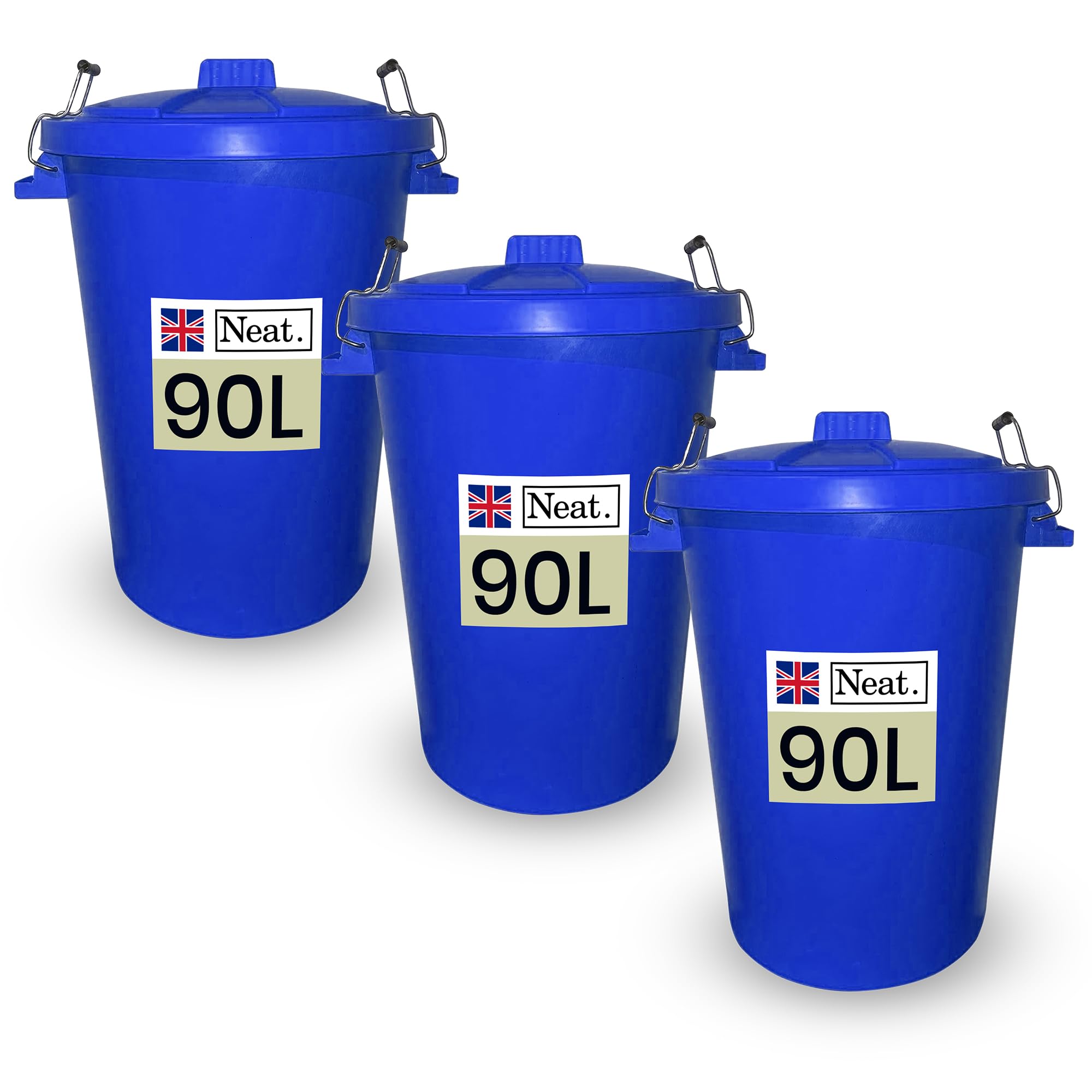 Neat. 90L Bin Coloured Large Plastic Bins, Heavy Duty Kitchen Bin with Metal Handle Dustbin with Lid For Easy Refusal Garden Bin Indoor Outdoor Rubbish Waste, Storage of Animal Feed, Dark Blue-3Pack
