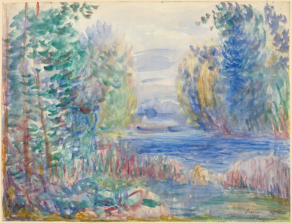 Cuadro impresionista River Landscape de Renoir, marco marrón decorativo