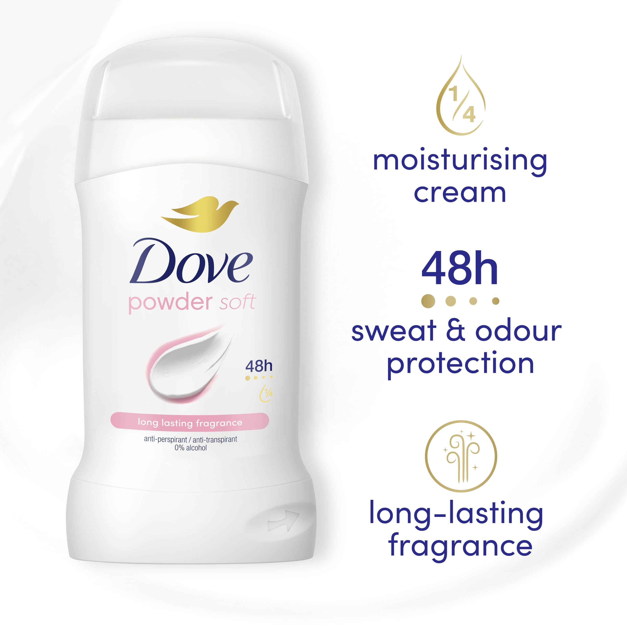 Dove Powder Soft Women's Antiperspirant Deodorant Cream Stick for 48 hour sweat protection and long-lasting fragrance with ¼ moisturising cream 50 ml - 4