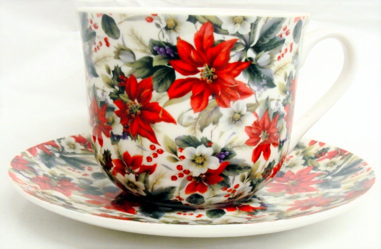 Poinsettia Breakfast Cup & Saucer Fine Bone China Large Christmas Cup & Saucer Set Hand Decorated in The U.K. Free UK Delivery