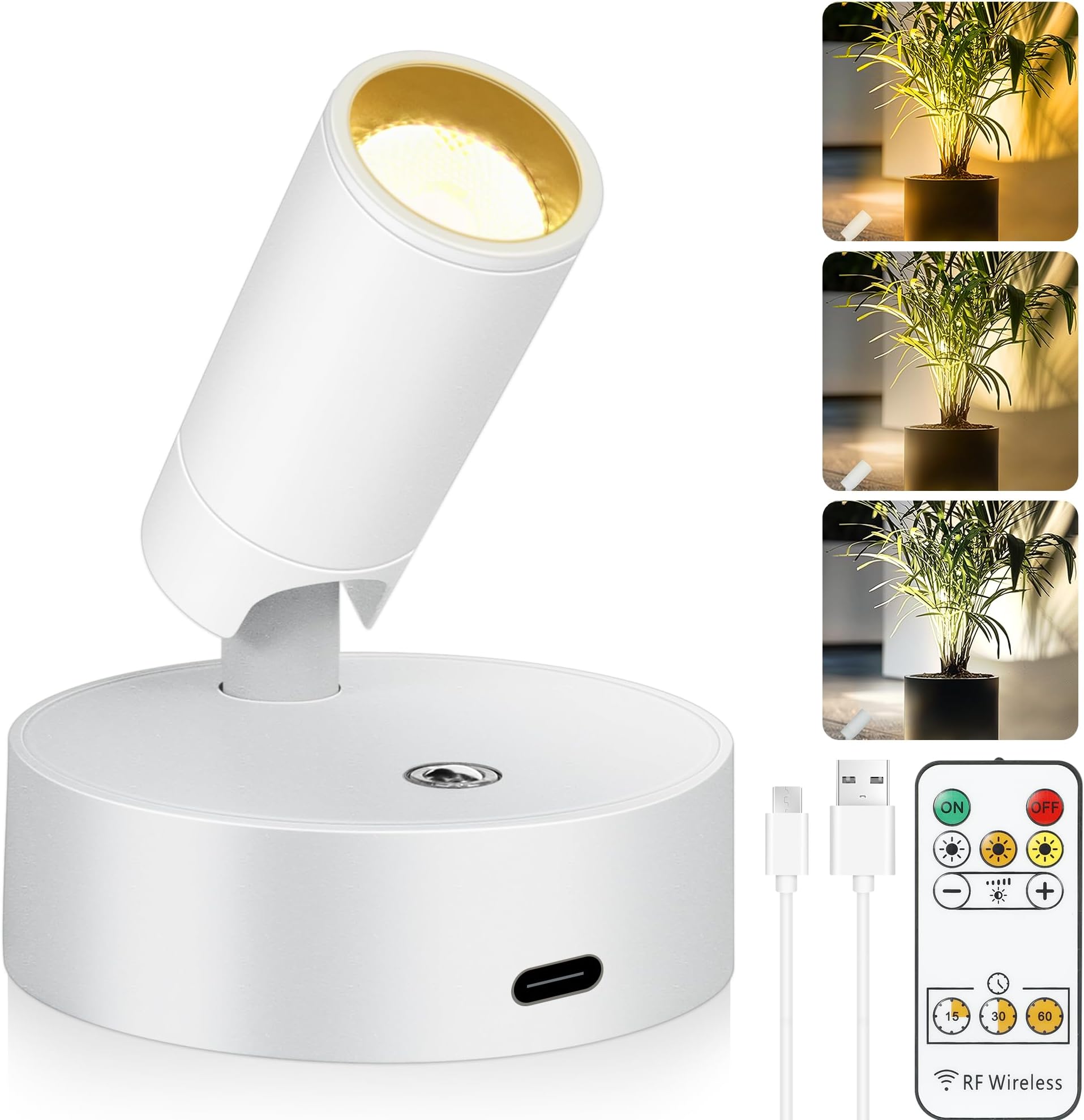 Wireless LED Spot lights Indoor Battery Operated with Remote, Rechargeable Up lights Indoor with Timer＆Dimmable, 3CCT Picture Lights for Wall, SpotLights Accent Uplighting for Plant, Artwork -White