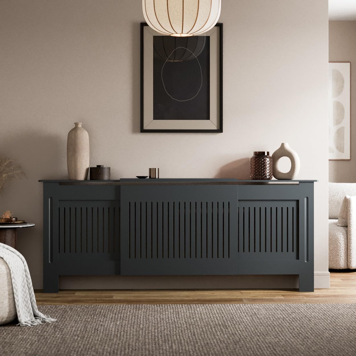 Radiant Living Radiator Cover Vertical Slat Design, Modern Anthracite Grey MDF Radiator Cabinet for Living Room & Bedroom, Adjustable