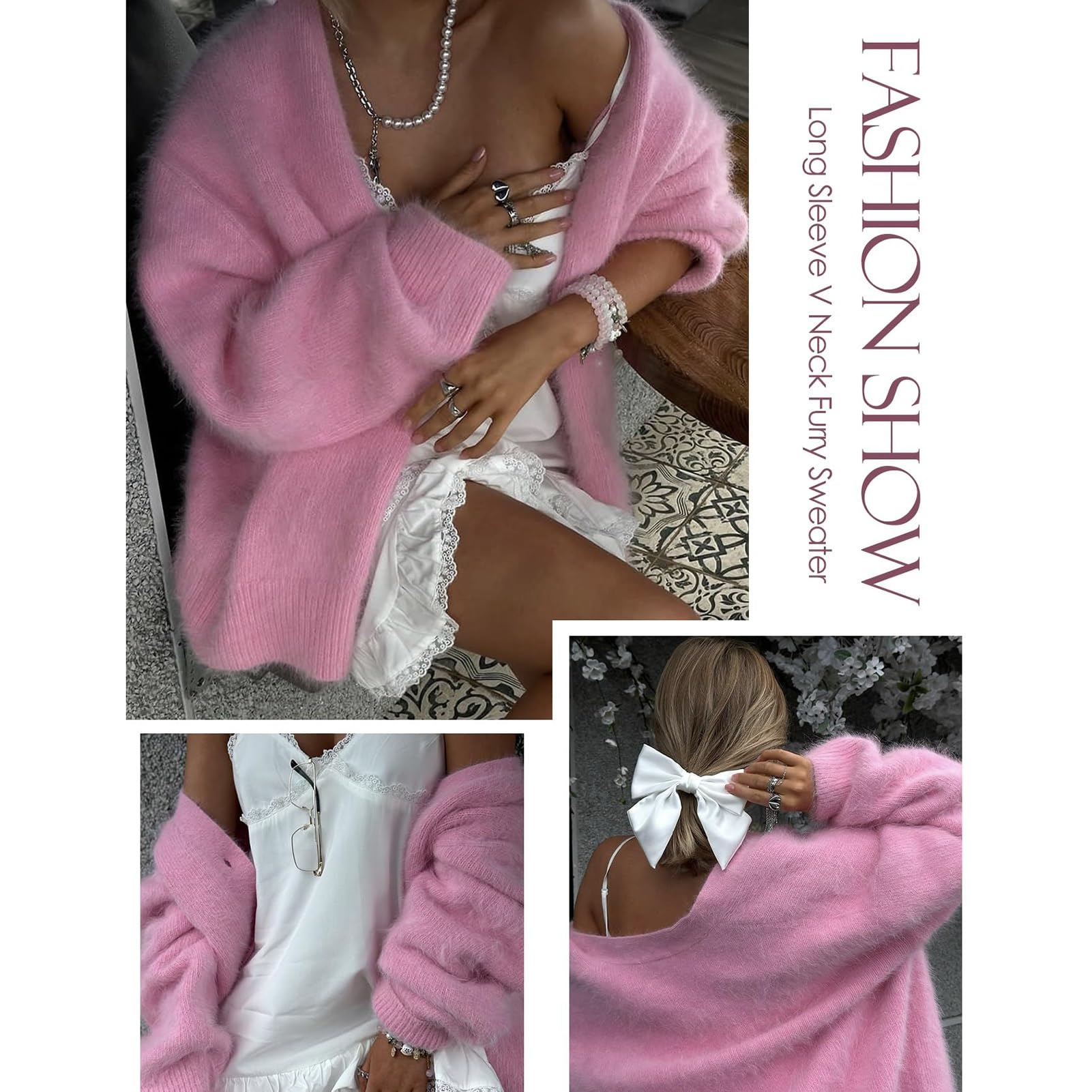 Cárdigan de Mohair Suave para Mujer Abierto por Delante Cuello en V con Botones Manga Larga Suéter Suelto con Hombros Caídos