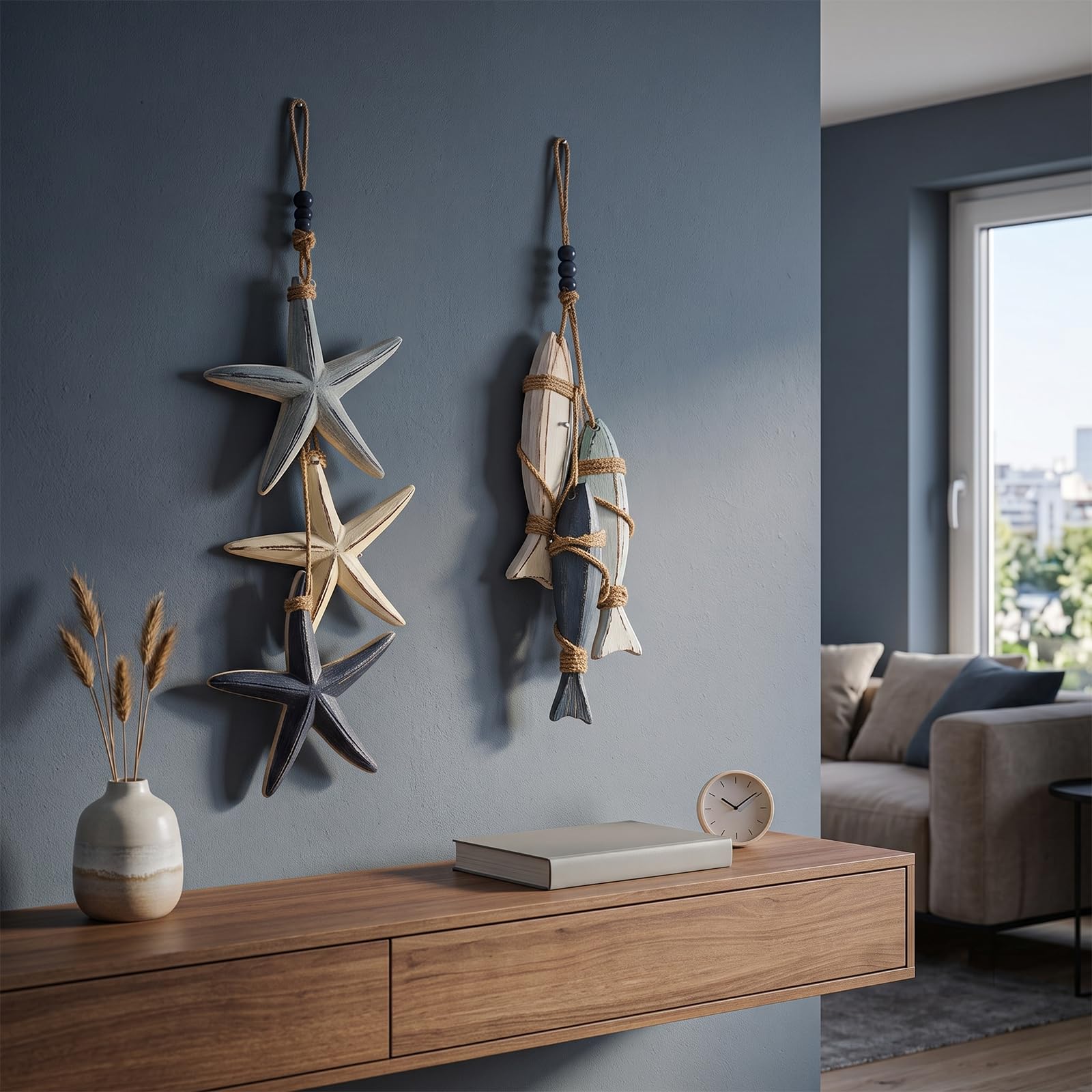 JORCEDI Lighted Coastal Wooden Starfish & Fish Hanging Decor Mediterranean Beach Wall Decoration with Warm LED Lights for Home Bathroom Bedroom Café & Restaurant (2,Mix,Standard Version)