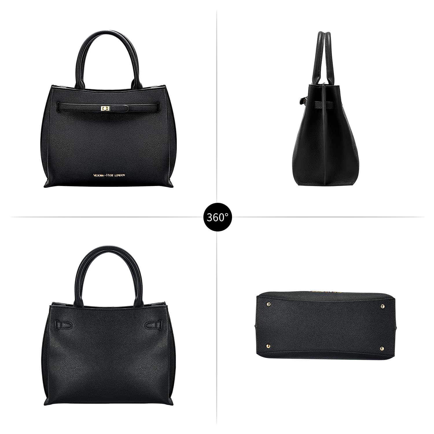 VICTORIA HYDE Bolso de Mano Grande para Mujer de Piel Sintética de Poliuretano, Negro, Elegante para Oficina y Trabajo
