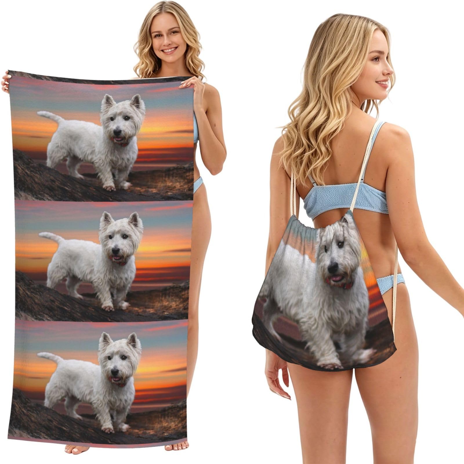 Poadnly As Picture West Highland White Terrier Dogs Mountains White, 2 In 1 Packable Towel Bag, Beach Towels With Drawstring Backpack For Travel Holiday Camping