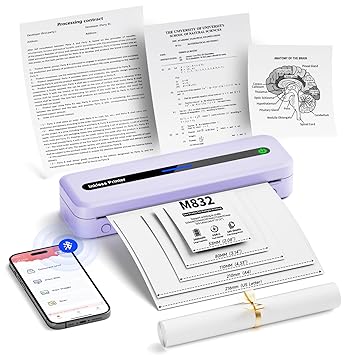 PhoFuta Portable Printer, M832 Wireless Printers for Home Use, Office, School, Bluetooth Inkless Printer Support 8.5'' x 11'' US Letter, Thermal Printer Compatible with Tablet, Phone & PC, Purple