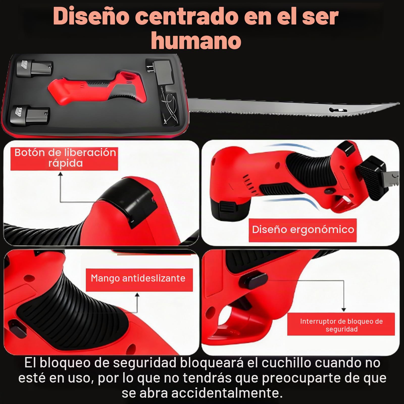 Cuchillo Eléctrico Inalámbrico Profesional para Filetear Pescado Y Carne, Recargable, Ideal para Acampadas Y Pesca. Incluye 4 Cuchillas, 2 Baterías De 2000 Mah Y Un Seguro De Bloqueo.