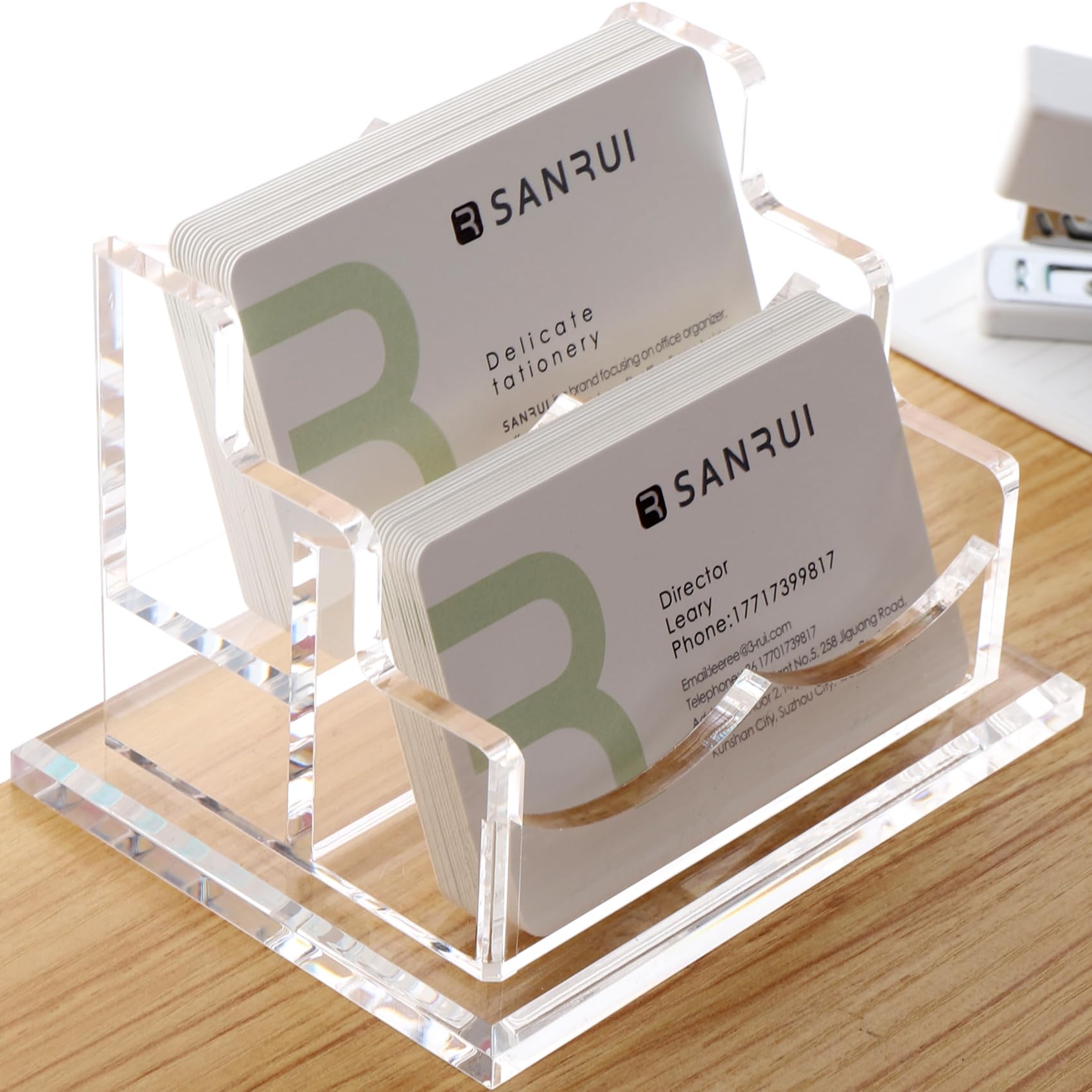 SANRUI Business Card Holder for Desk Clear Acrylic Business Card Holders Horizontal Business Card Display Stand 2 Slots