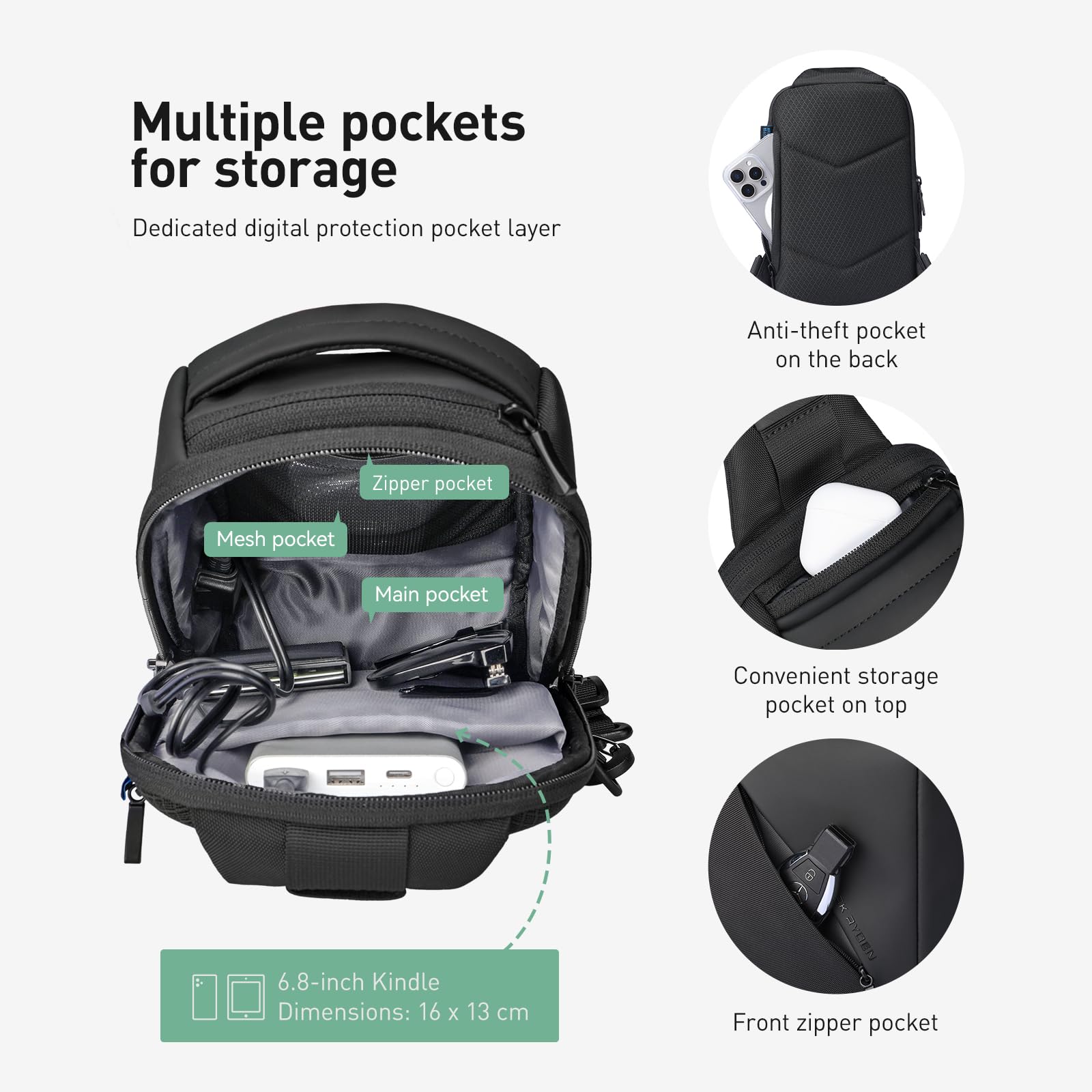 Muzee Mark Ryden - Borsa a tracolla ultraleggera da uomo, con porta USB e tasca antifurto RFID, impermeabile, per escursioni, lavoro | Ultraleggera