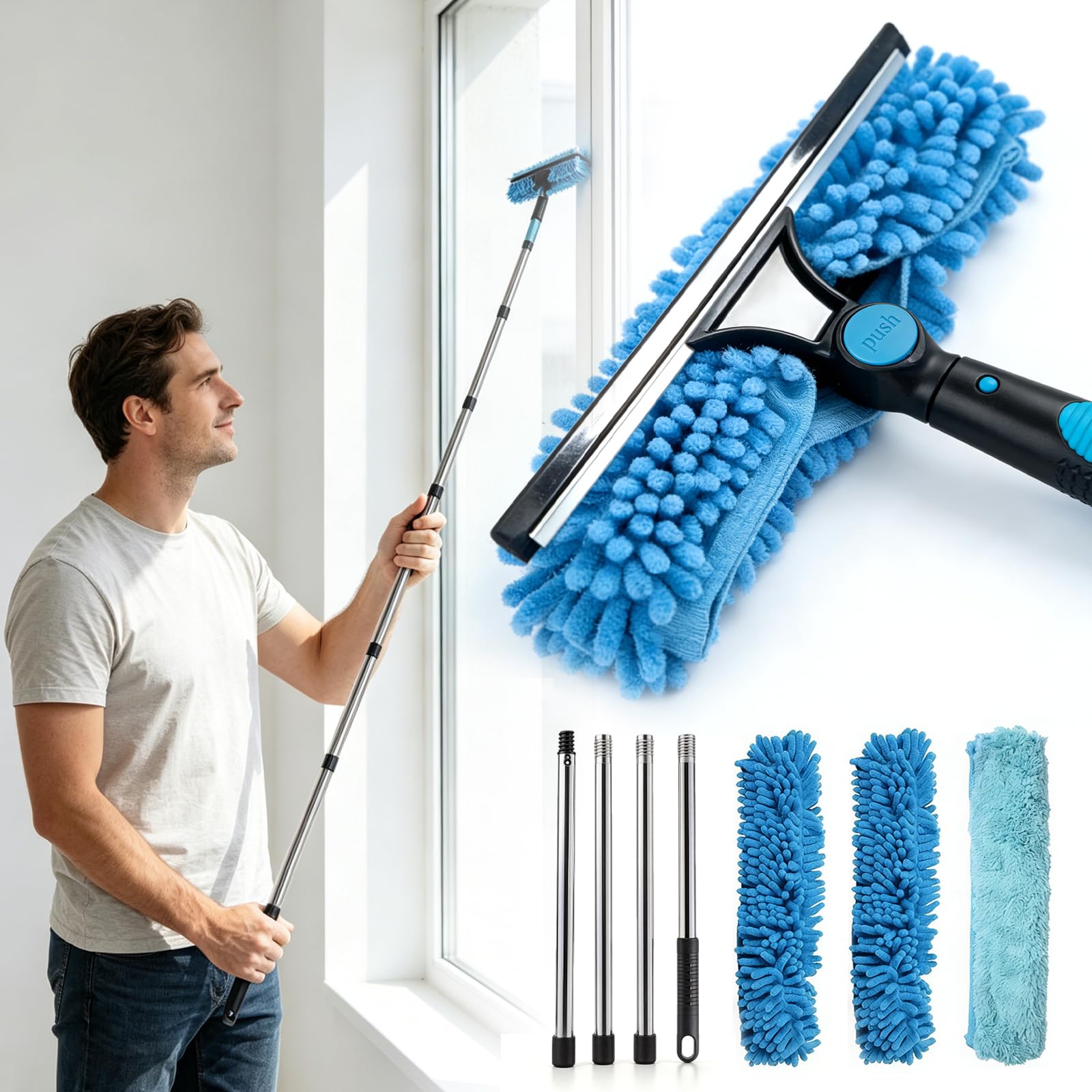 Limpiacristales Telescopico con Mango Extensible 180cm, Rasqueta Limpiacristales con 2 Cuchillas, Limpia Cristales Ventanas para Baño, Ventana, Coche